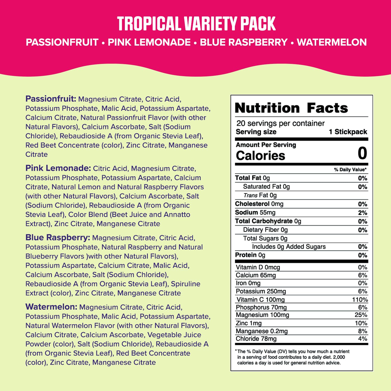 Ultima Replenisher Daily Electrolyte Drink Mix – Tropical Variety, 20 Stickpacks – Hydration