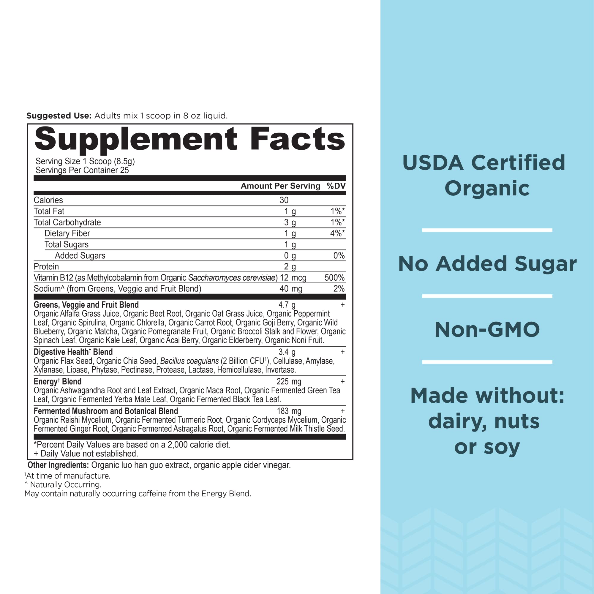 Ancient Nutrition Supergreens Energizer Powder, Organic Superfood Powder with Caffeine