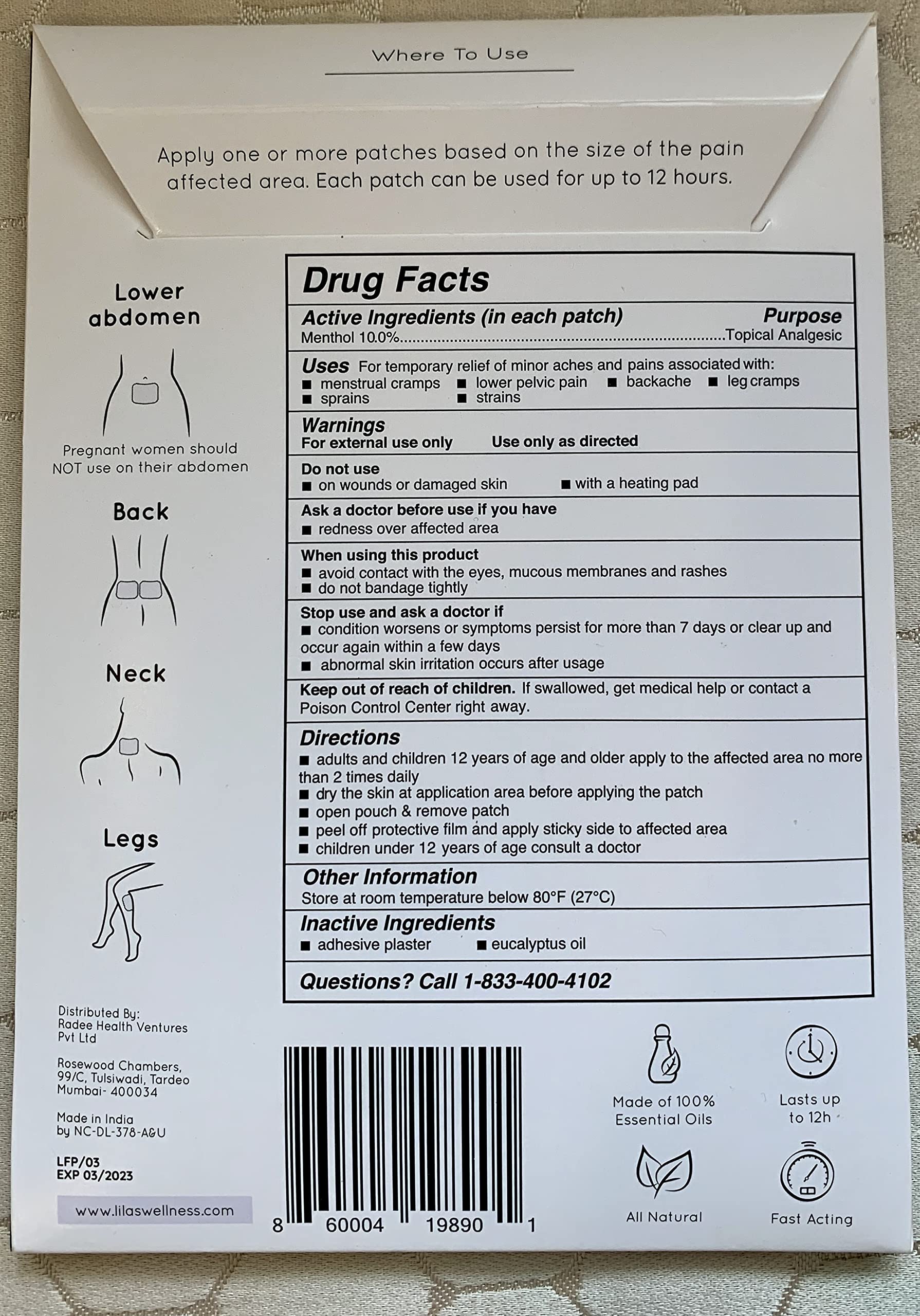 LILAS Period Cramps Pain Relief Patch - Pack of 5