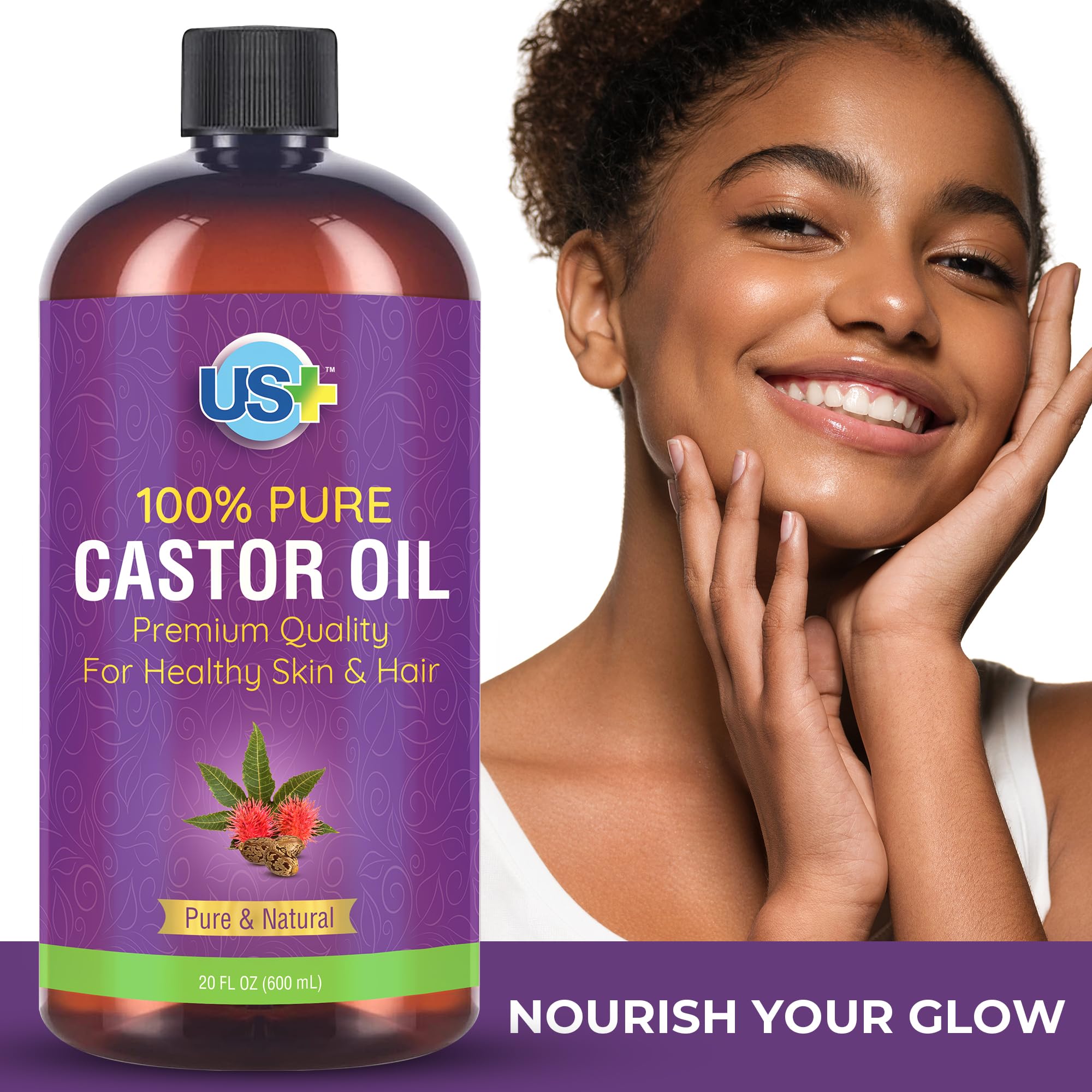Us+ 20oz 100% Pure Castor Oil - Cold-pressed, Unrefined, Hexane-free - USP Grade - Premium Quality