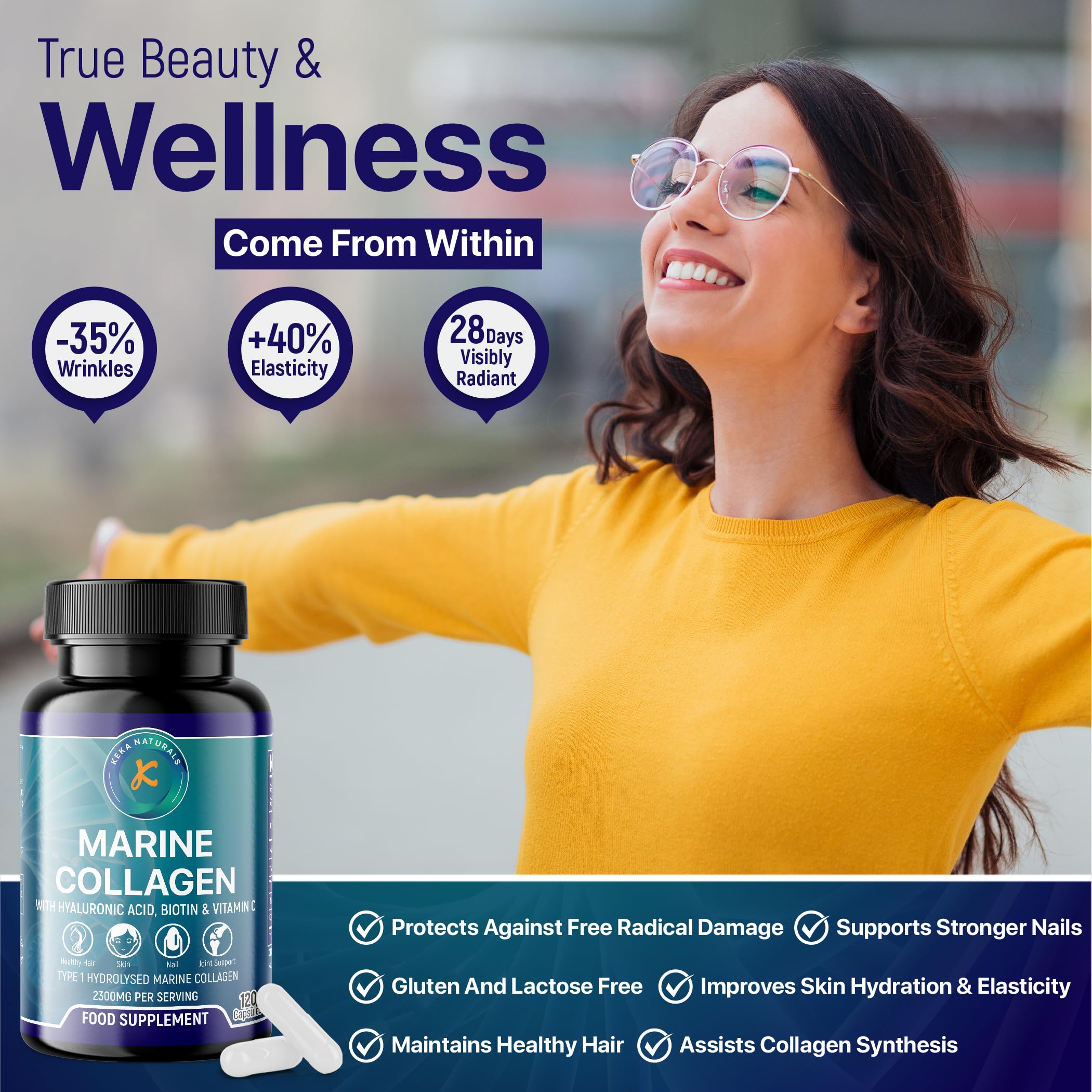 Hydrolysed Marine Collagen Peptides 2300mg - Enhanced with Hyaluronic Acid & Vitamin C