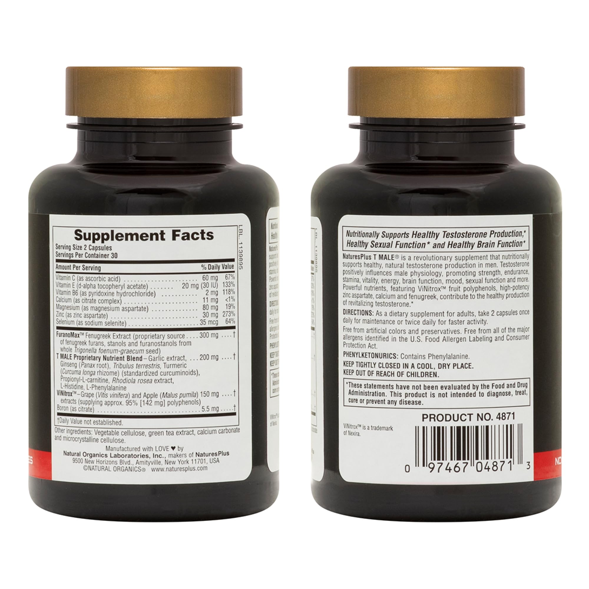 NaturesPlus T-Male Testosterone Support for Men – Ginseng, Rhodiola & FuranoMax 3 Pack (90 Servings)