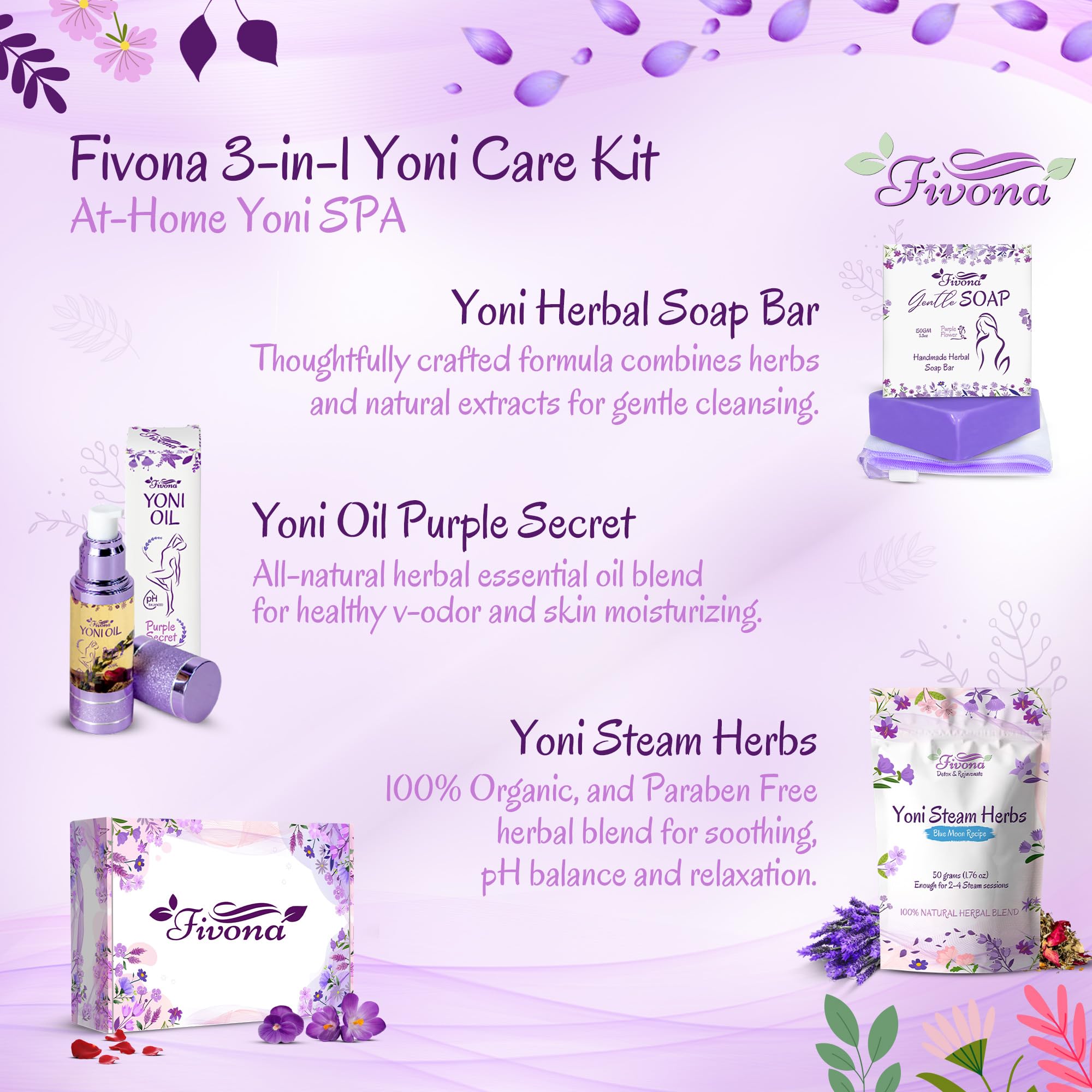 FIVONA Yoni Care Kit 3 in 1 - pH Balanced Natural Vaginal Oil 30 ml, Organic Herbal Soap 5.3 oz