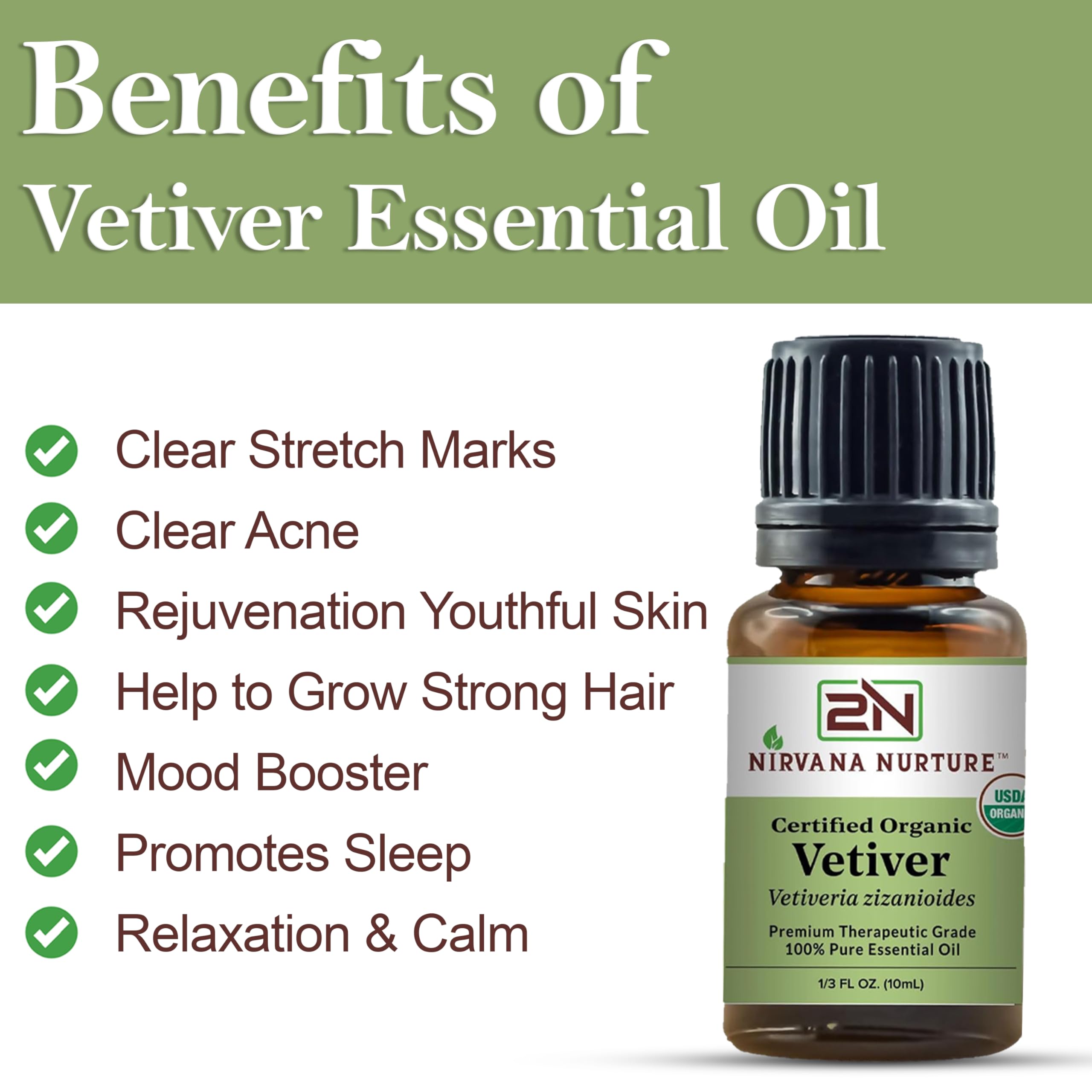 Nirvana Nurture Vetiver Essential Oil USDA Certified Organic 100% Pure Premium Therapeutic Grade