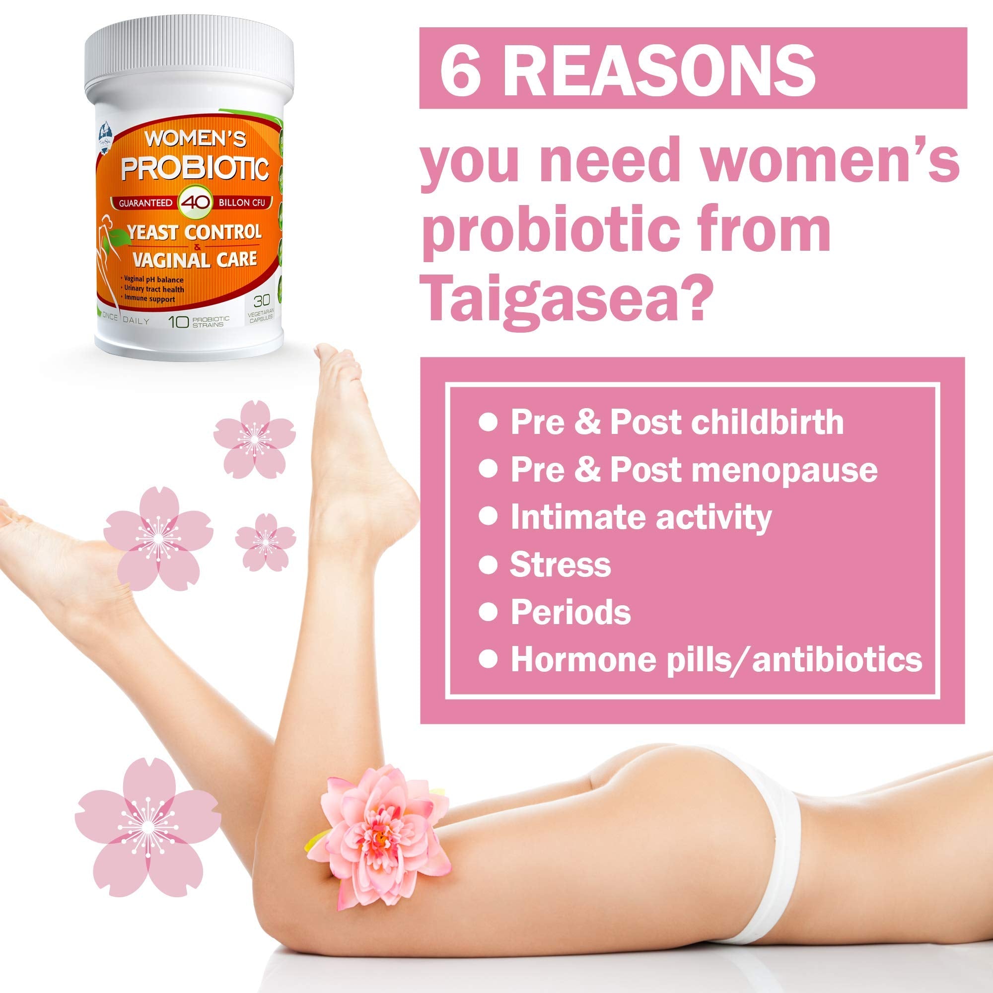 TAIGASEA Probiotics for Women, 40 Billion CFU, 10 Strains for Yeast Control, Vaginal and Urinary Tract Health