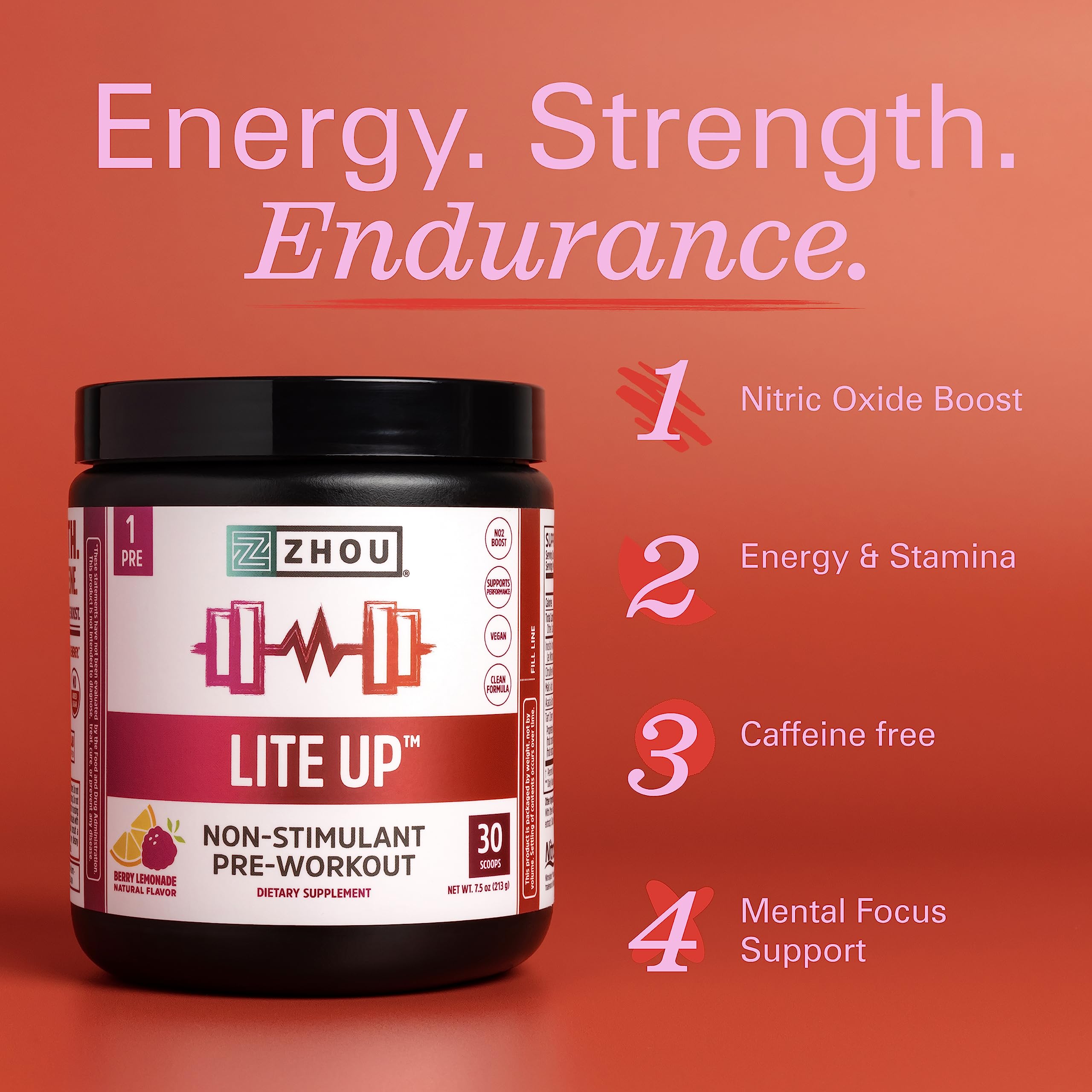 Zhou Nutrition Lite Up, Non-Stimulant Pre Workout Powder, Caffeine Free Nitric Oxide