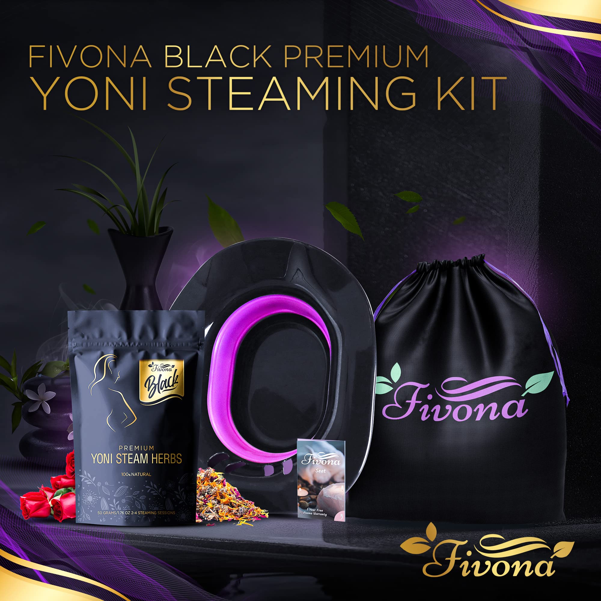 Fivona 3-in-1 Yoni Steam Kit Black - Foldable Over The Toilet Steamer Seat with Herbal Blend and Storage