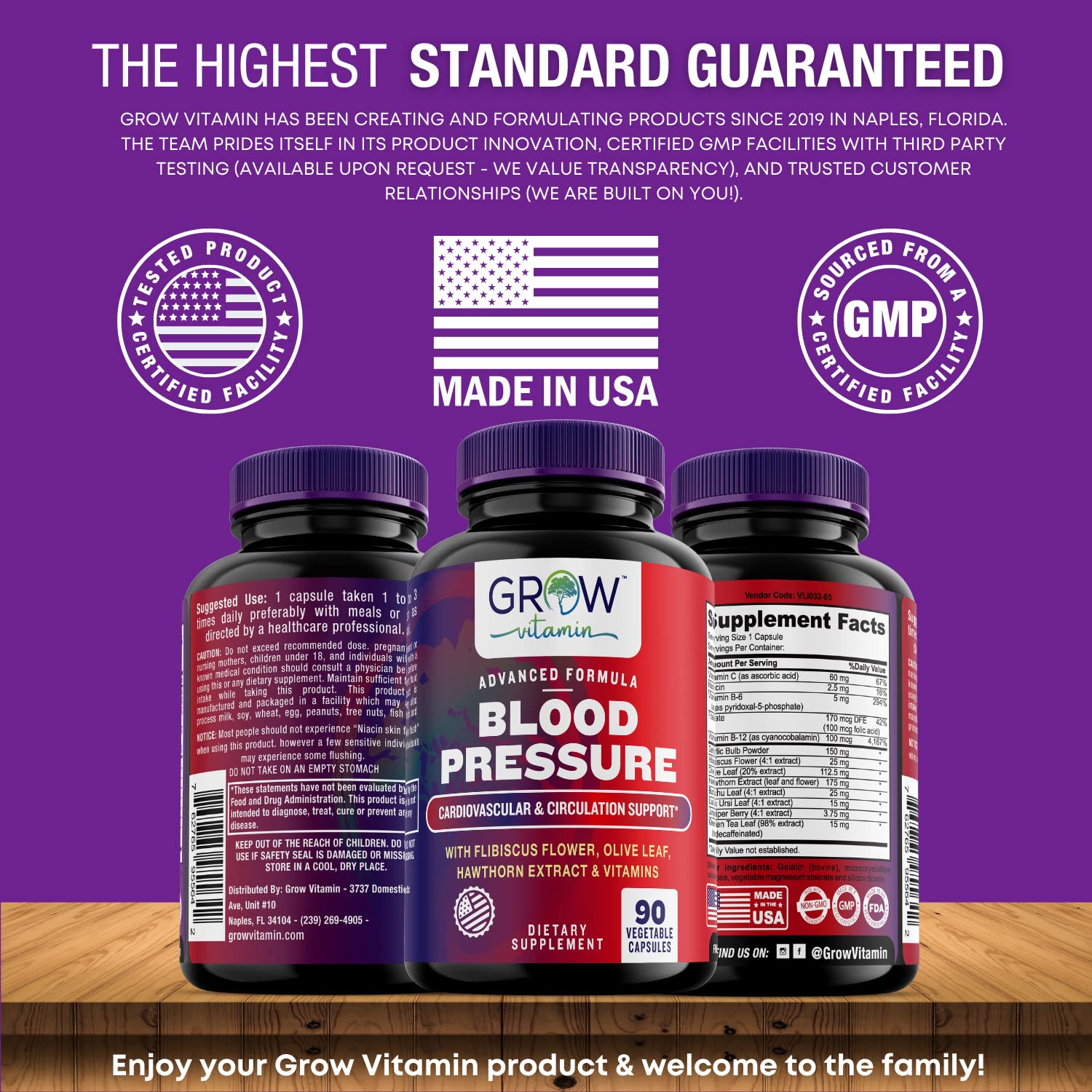 grow vitamin Blood Pressure Formula - Herbal Blend, Non-GMO, Gluten-Free - 90 Capsules