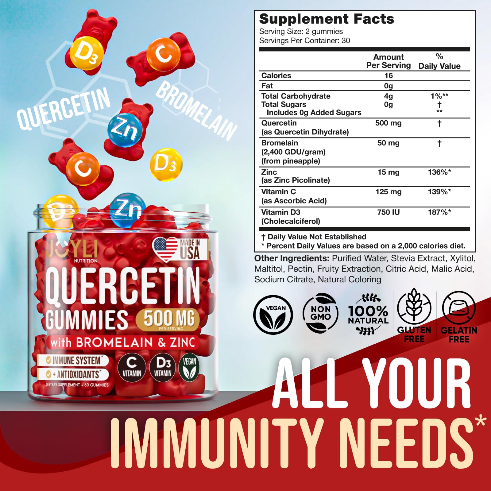 JOYLI Quercetin Gummies - Pure Quercetin with Bromelain Zinc Vitamin C & Vitamin D3