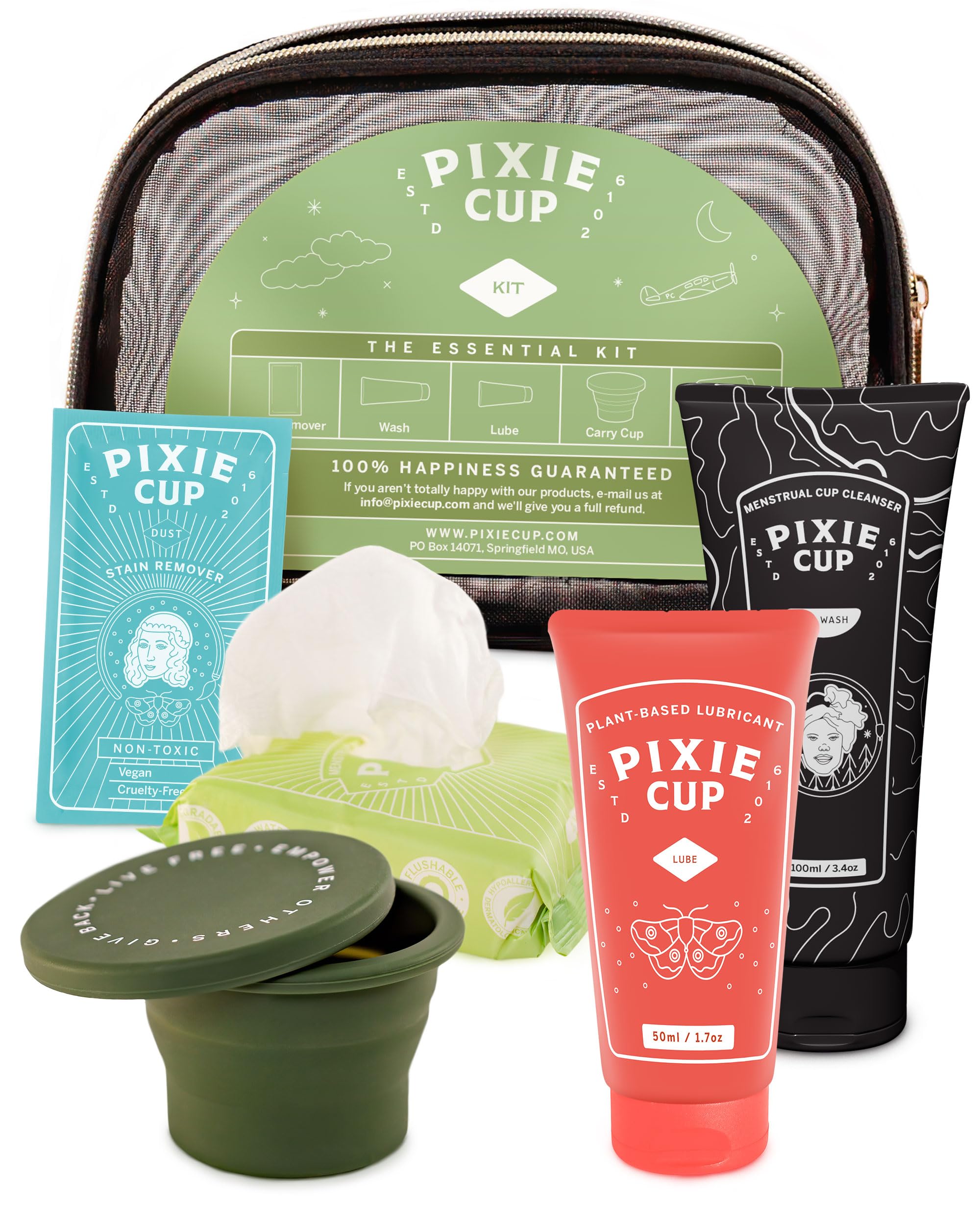 Pixie Cup Menstrual Cup Cleaner Kit - Sterilizer Wash, Public Restroom Carry Cup, 20 Wipes