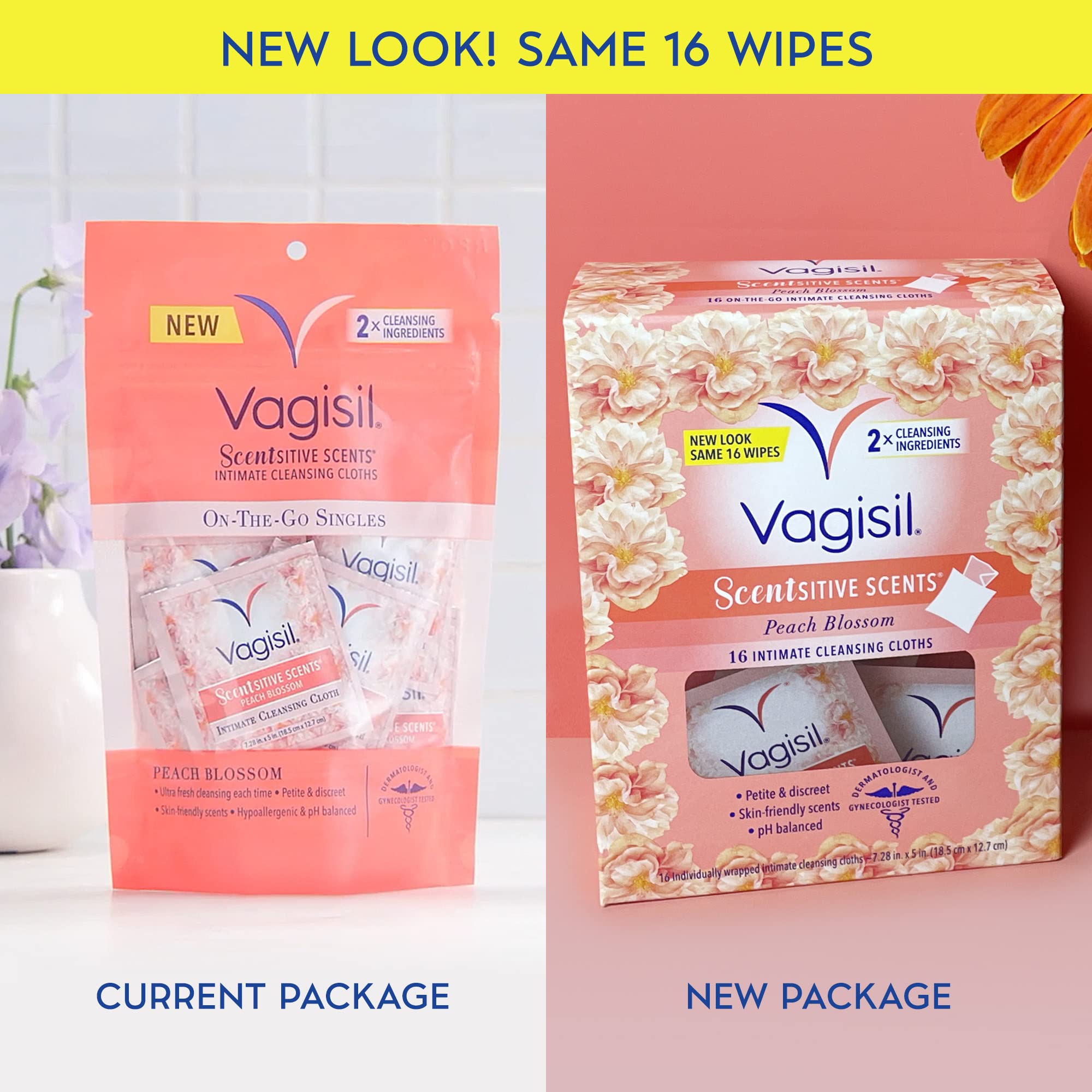Vagisil Scentsitive Scents On-The-Go Feminine Cleansing Wipes, pH Balanced, Peach Blossom