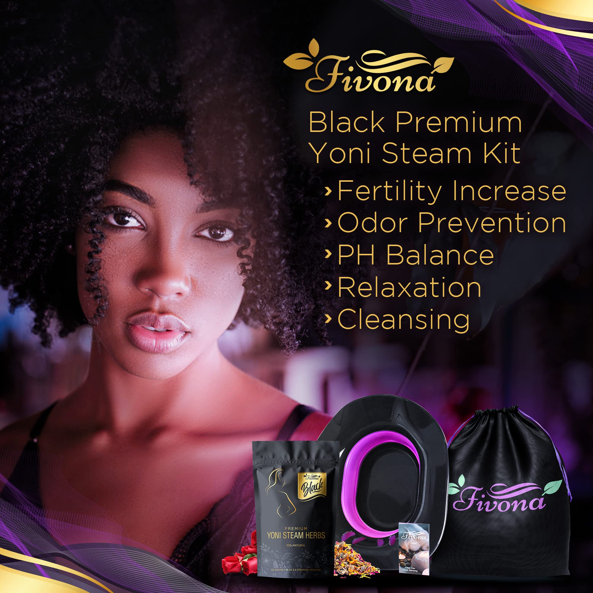 Fivona 3-in-1 Yoni Steam Kit Black - Foldable Over The Toilet Steamer Seat with Herbal Blend and Storage