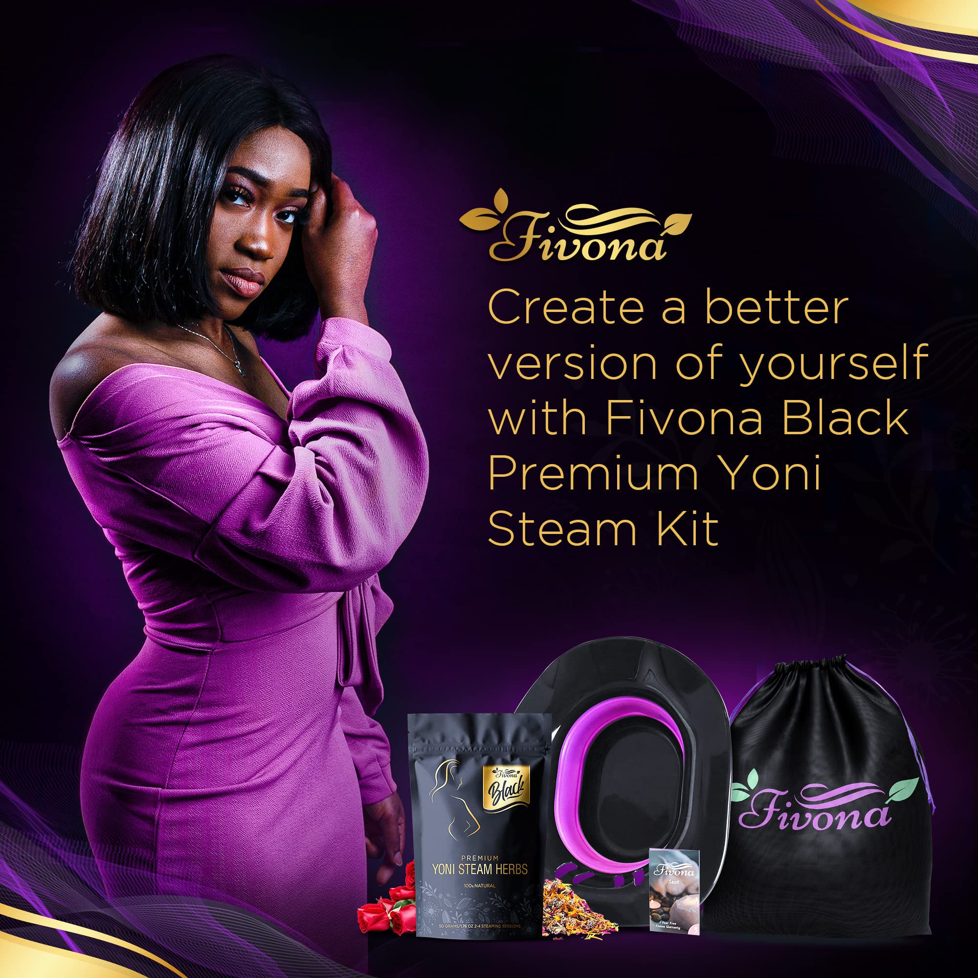 Fivona 3-in-1 Yoni Steam Kit Black - Foldable Over The Toilet Steamer Seat with Herbal Blend and Storage