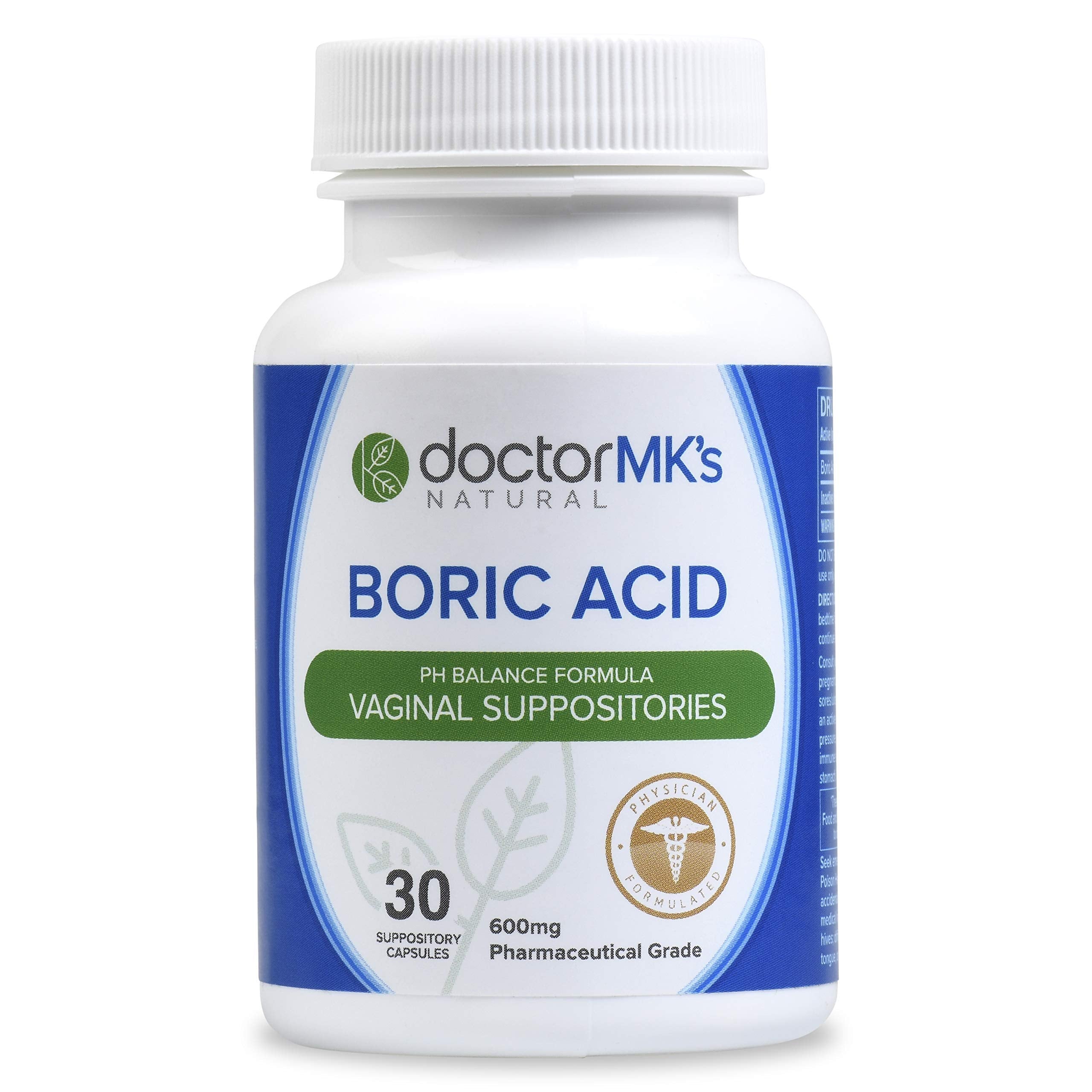 doctor MK's NATURAL Boric Acid Suppossitories (600mg) with Individually Wrapped Applicators