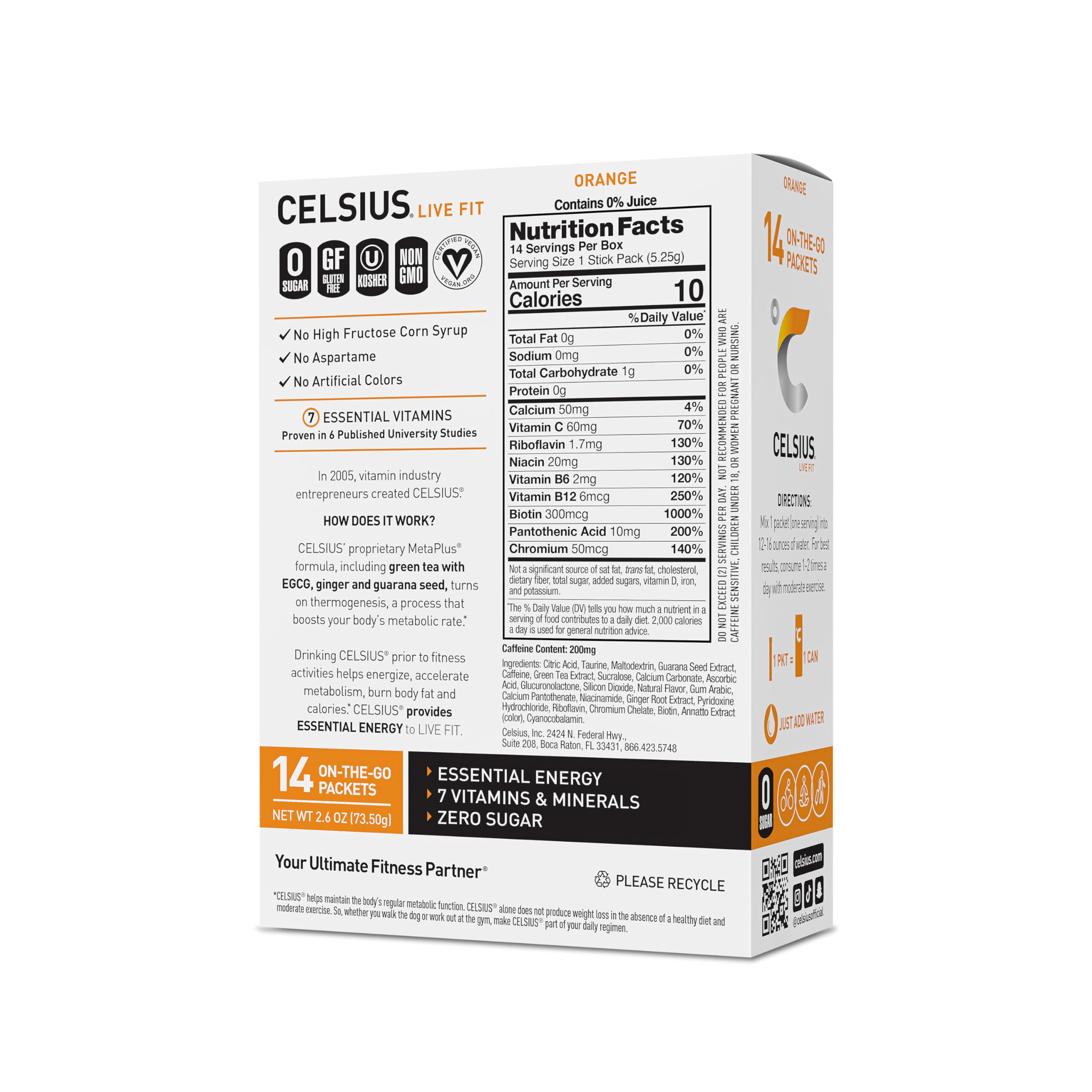 CELSIUS On-the-Go Powder Stick Zero Sugar, Orange, 2.6 Oz (14 Sticks per Pack)