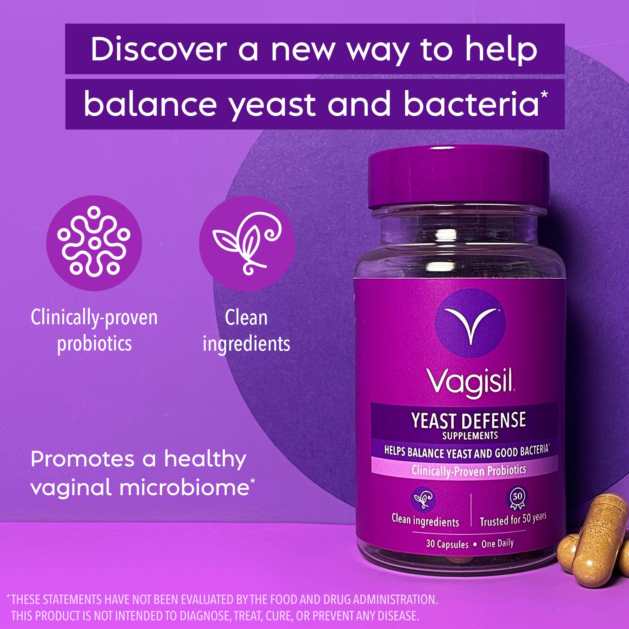 Vagisil Yeast Defense Supplements, Helps Balance Yeast and Good Bacteria, Clinically-Proven Probiotics