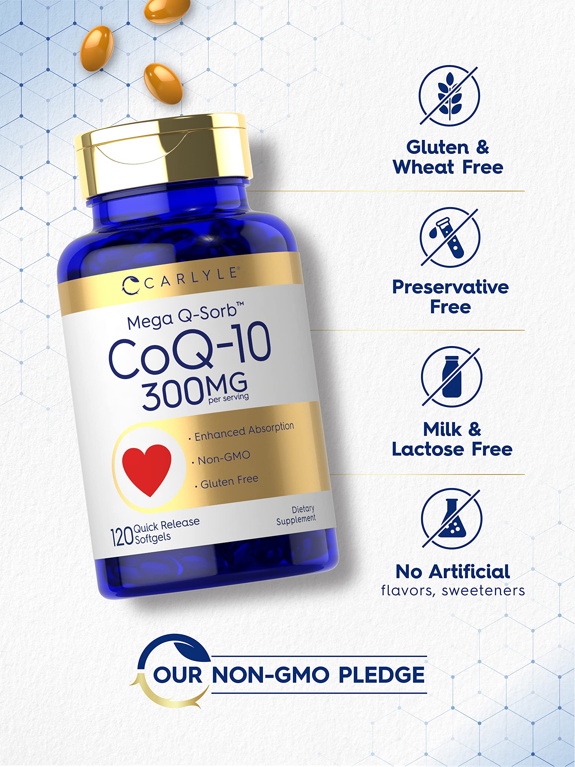 Carlyle CoQ10 300mg | 120 Softgels | Mega Q-Sorb Coenzyme Q-10 | with Black Pepper