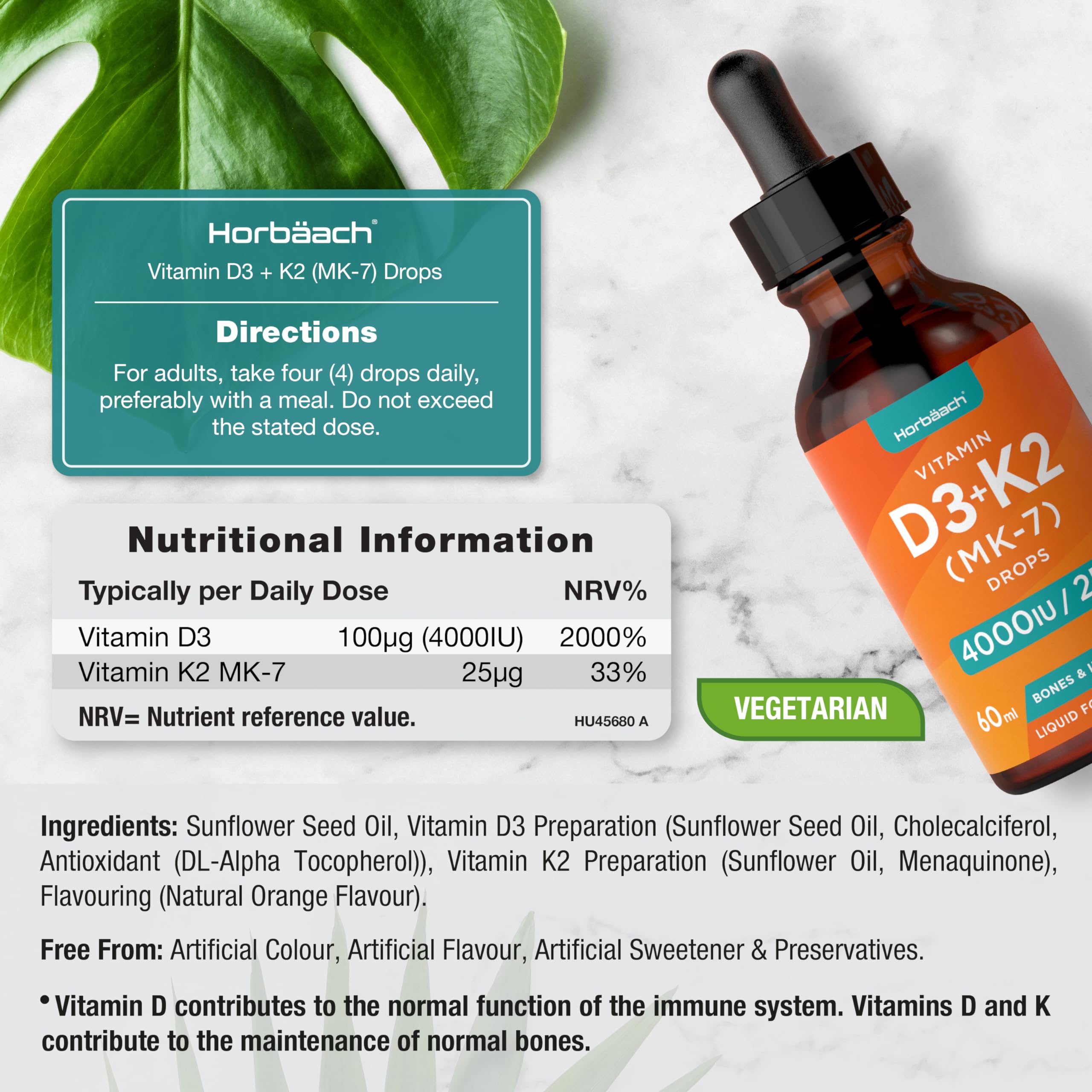 Vitamin D3 K2 Drops | 60mL | High Strength Vitamin D3 4000iu and K2 25ug | No Artificial