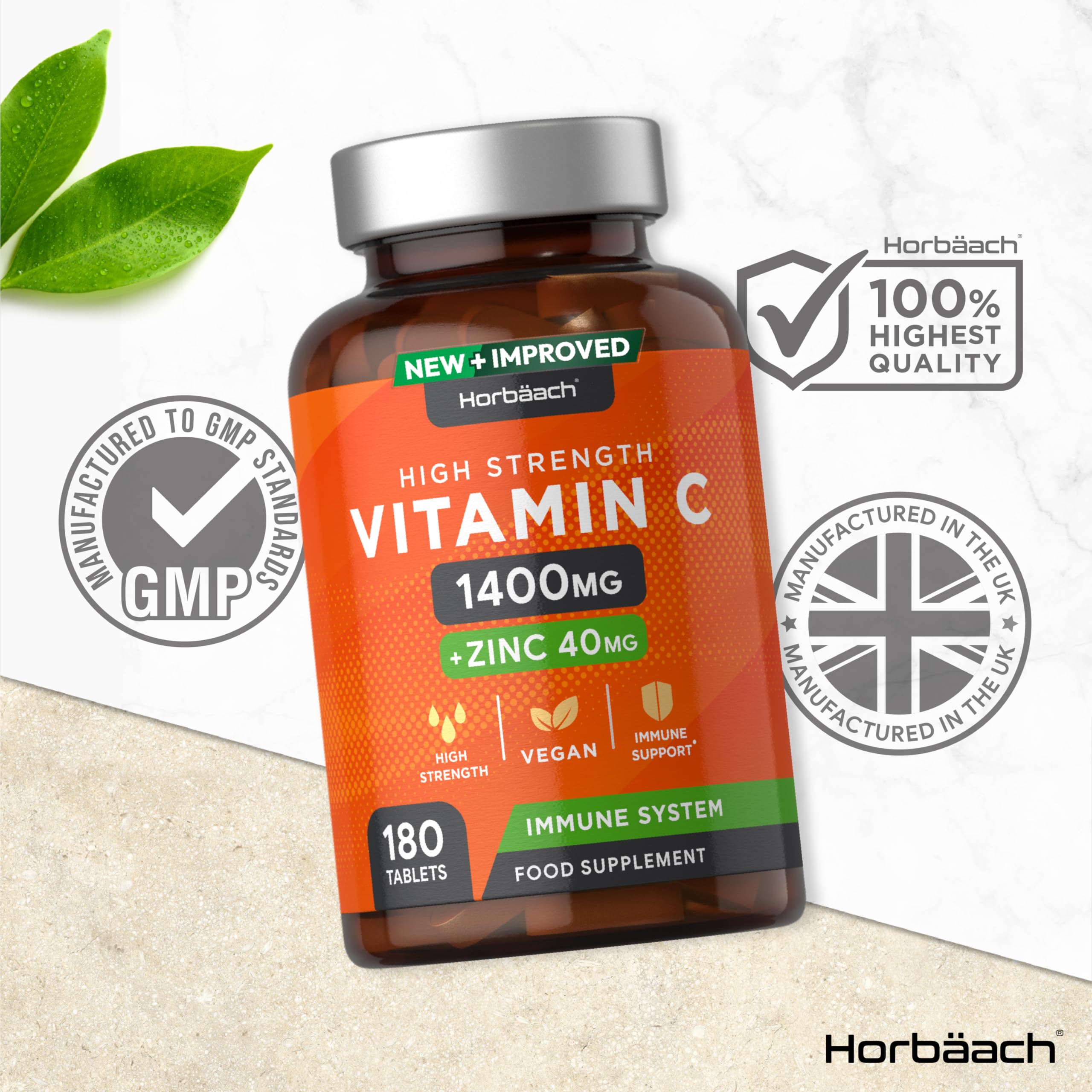 Vitamin C and Zinc | 180 Vegan Tablets | High Strength Vitamin C 1400mg and Zinc 40mg