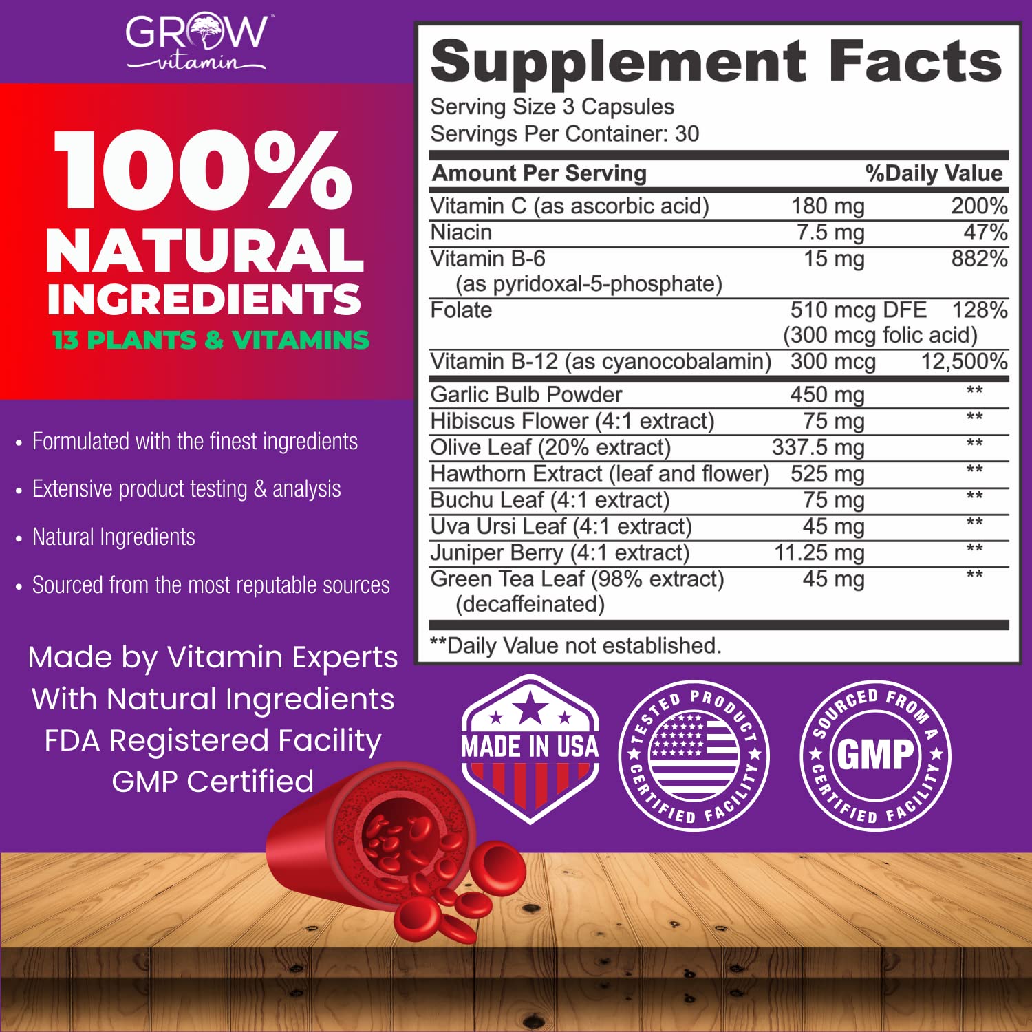 grow vitamin Blood Pressure Formula - Herbal Blend, Non-GMO, Gluten-Free - 90 Capsules