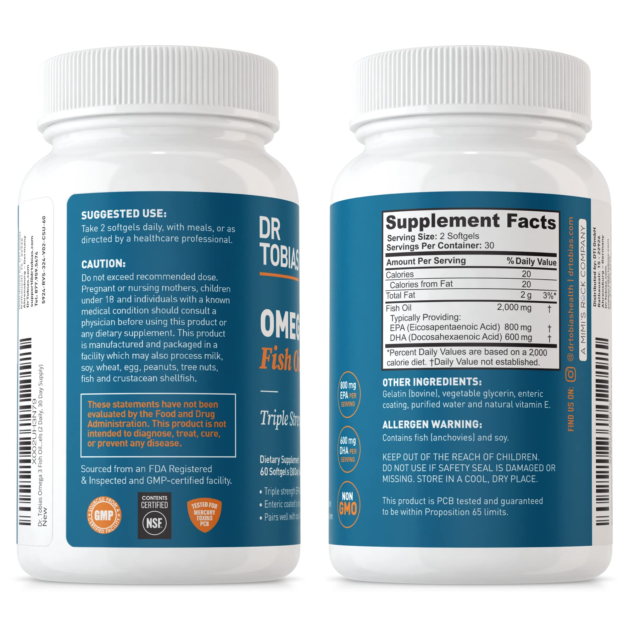 Dr. Tobias Omega 3 Fish Oil, 800 mg EPA 600 DHA Supplement for Heart, Brain & Immune