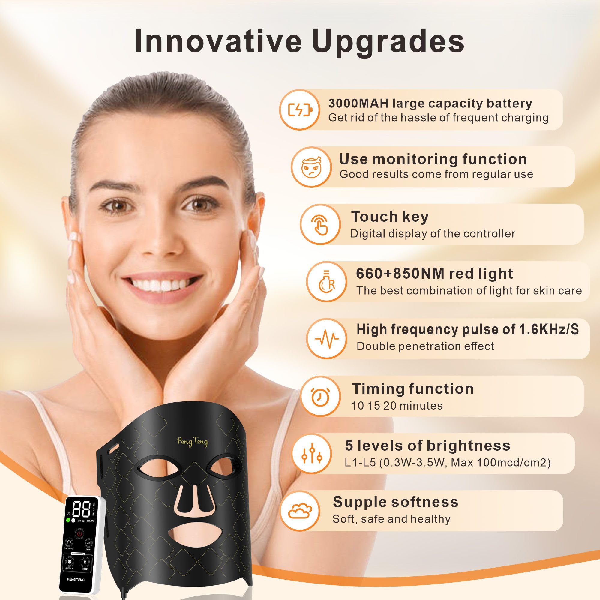 Peng Teng Red Light Therapy for Face, 660NM and 850NM,Innovative use of Monitoring,red Light Therapy Masks