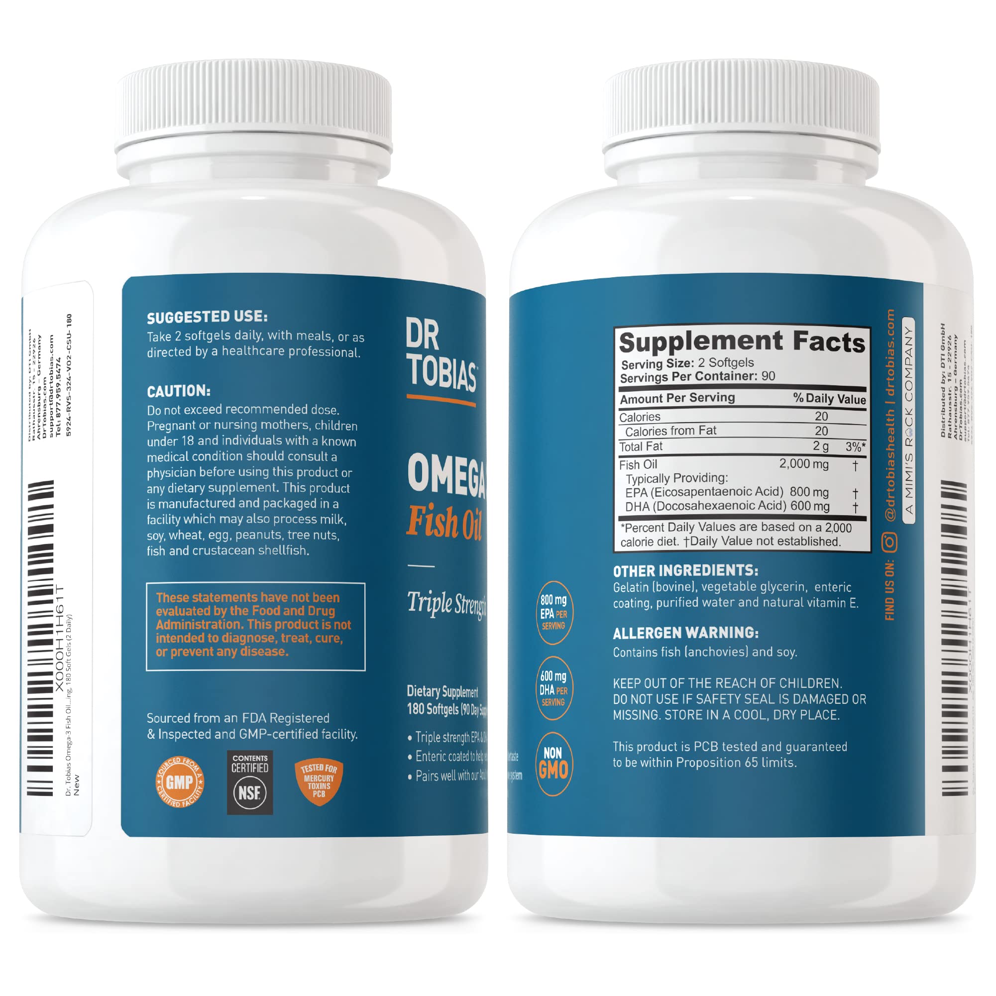 Dr. Tobias Omega 3 Fish Oil, 800 mg EPA 600 mg DHA Omega 3 Supplement for Heart