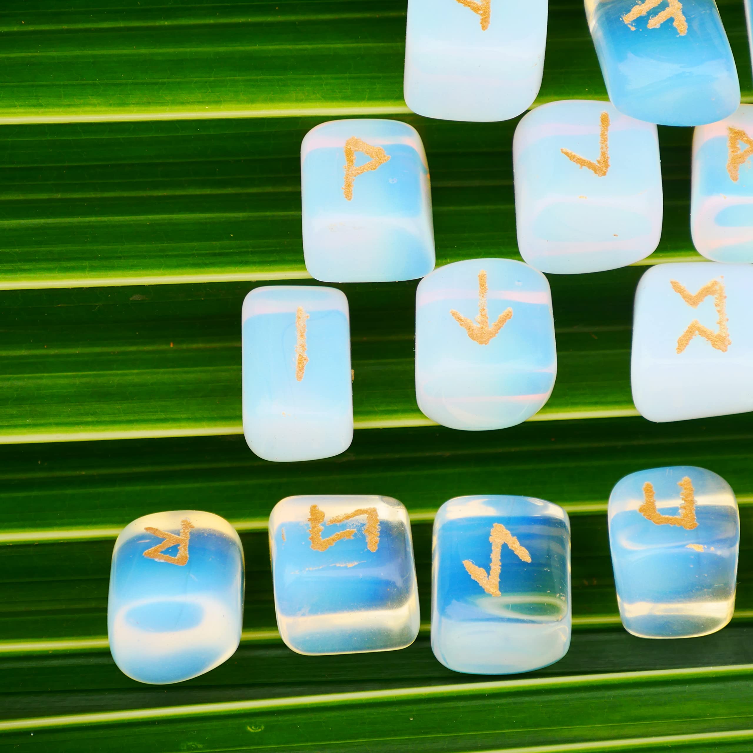 Opalite Rune Stone - Rune Set - Engraved Elder Futhark Alphabet Symbols - Witchcraft Crystals