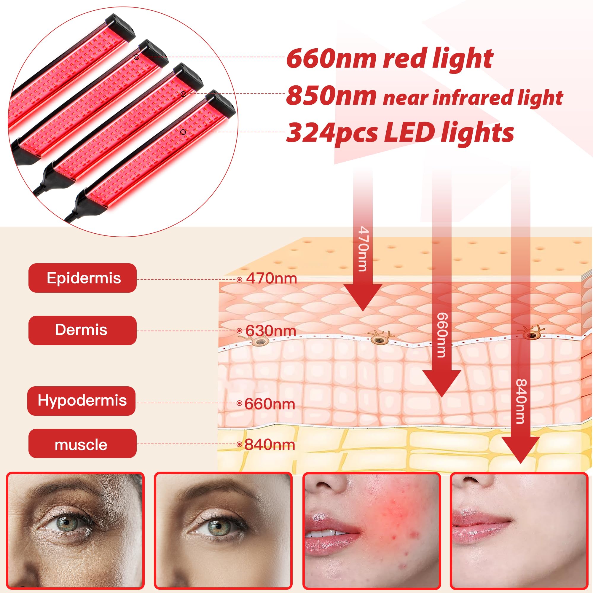 Dexnump Red Light Therapy for Face, 324 LEDs Red Light Therapy Lamp Height Free Adjustment Infrared
