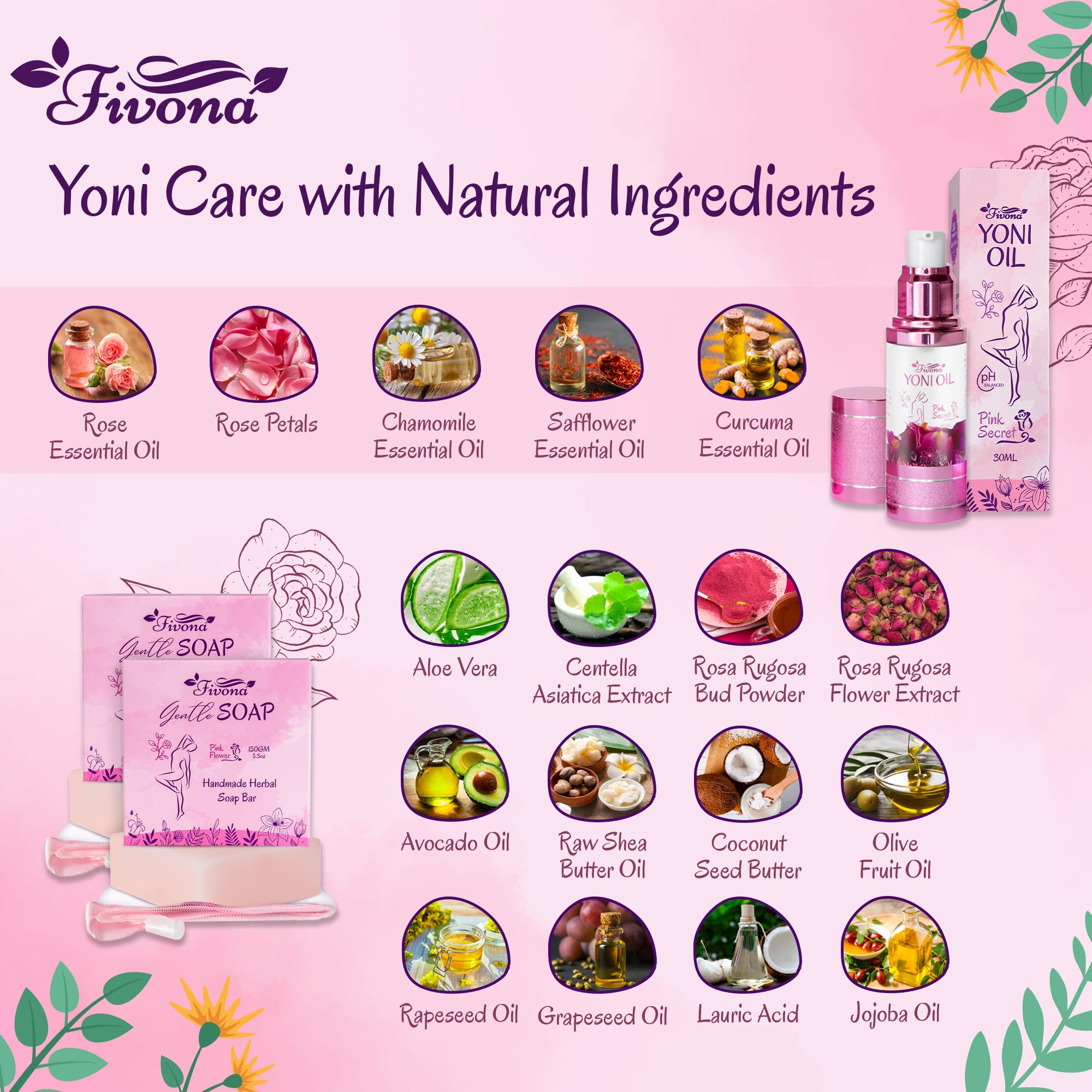 FIVONA 3 in 1 Set of Yoni Oil with 2 Yoni Soap Bars - Feminine pH Balanced Natural Vaginal Oil 30 ml