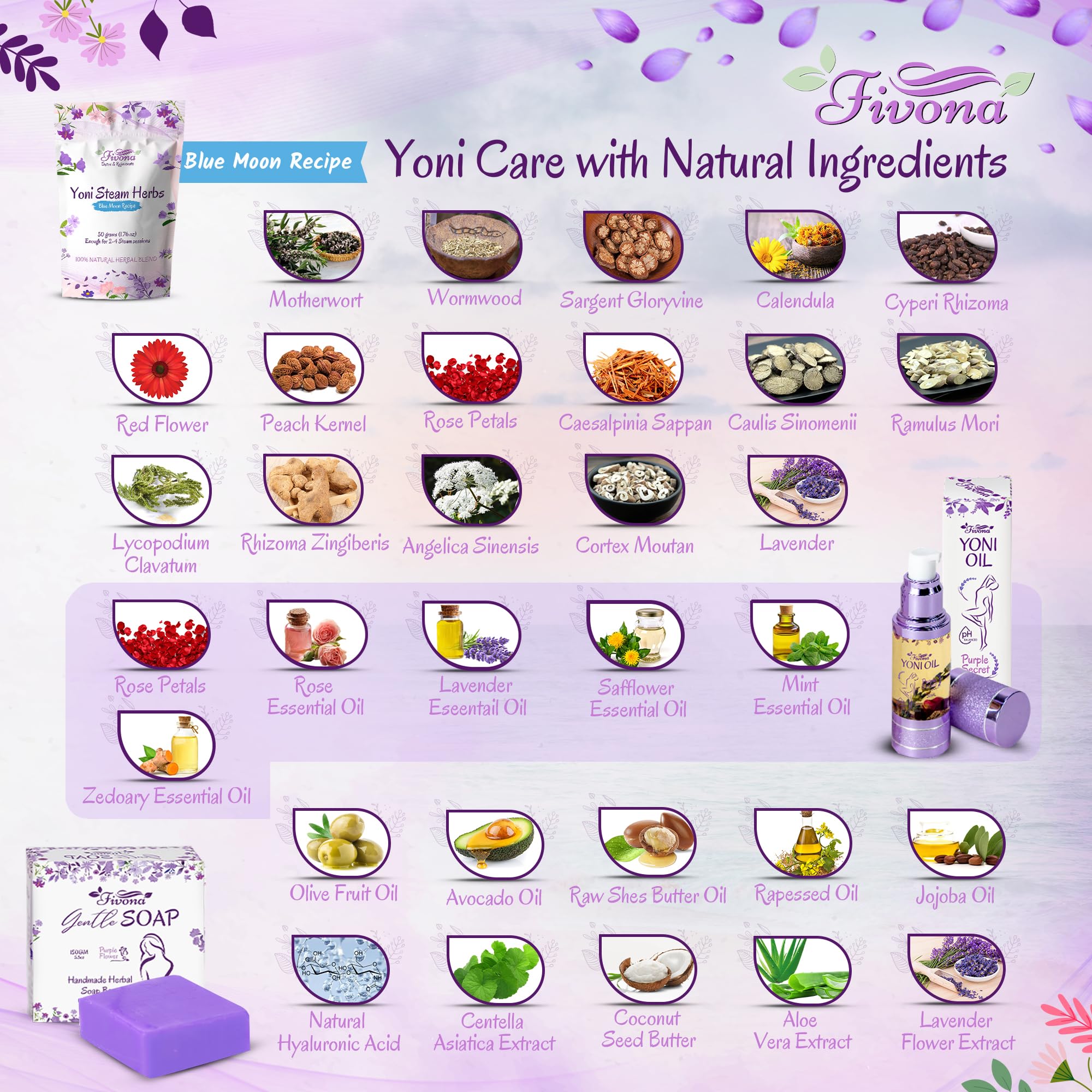 FIVONA Yoni Care Kit 3 in 1 - pH Balanced Natural Vaginal Oil 30 ml, Organic Herbal Soap 5.3 oz