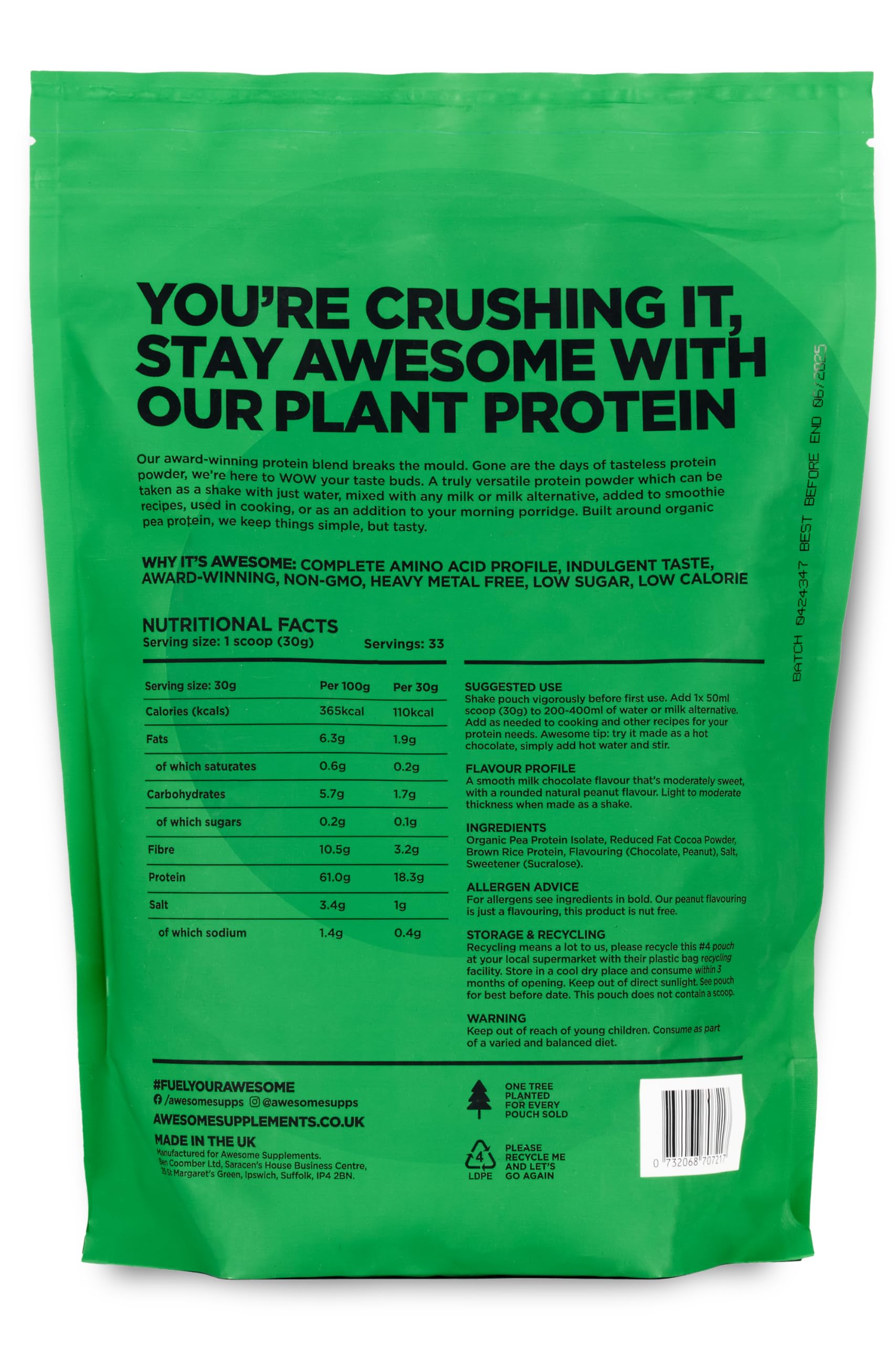 Chocolate Nut Awesome Protein Powder by Ben Coomber | 1kg Vegan Organic Flavoured Protein