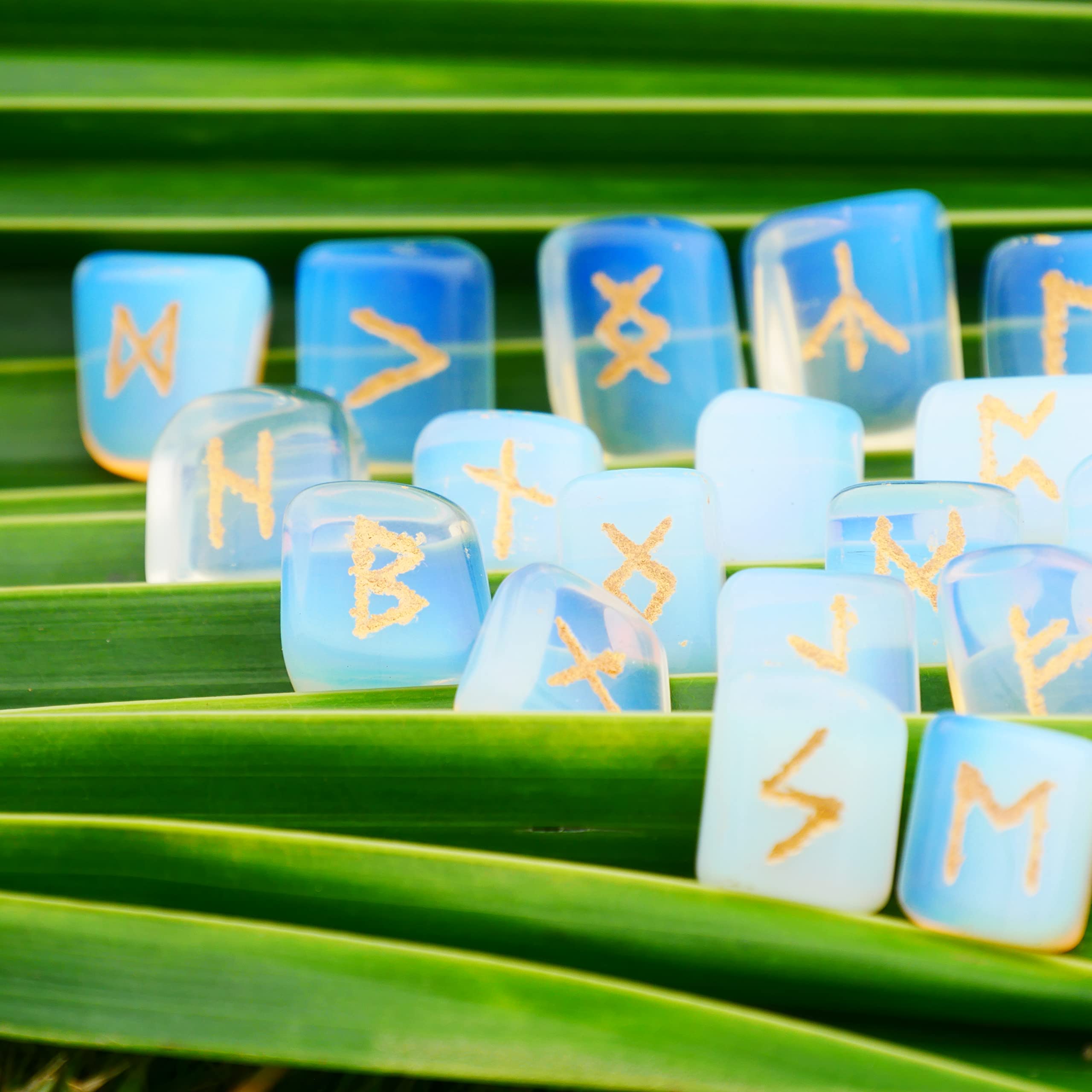 Opalite Rune Stone - Rune Set - Engraved Elder Futhark Alphabet Symbols - Witchcraft Crystals