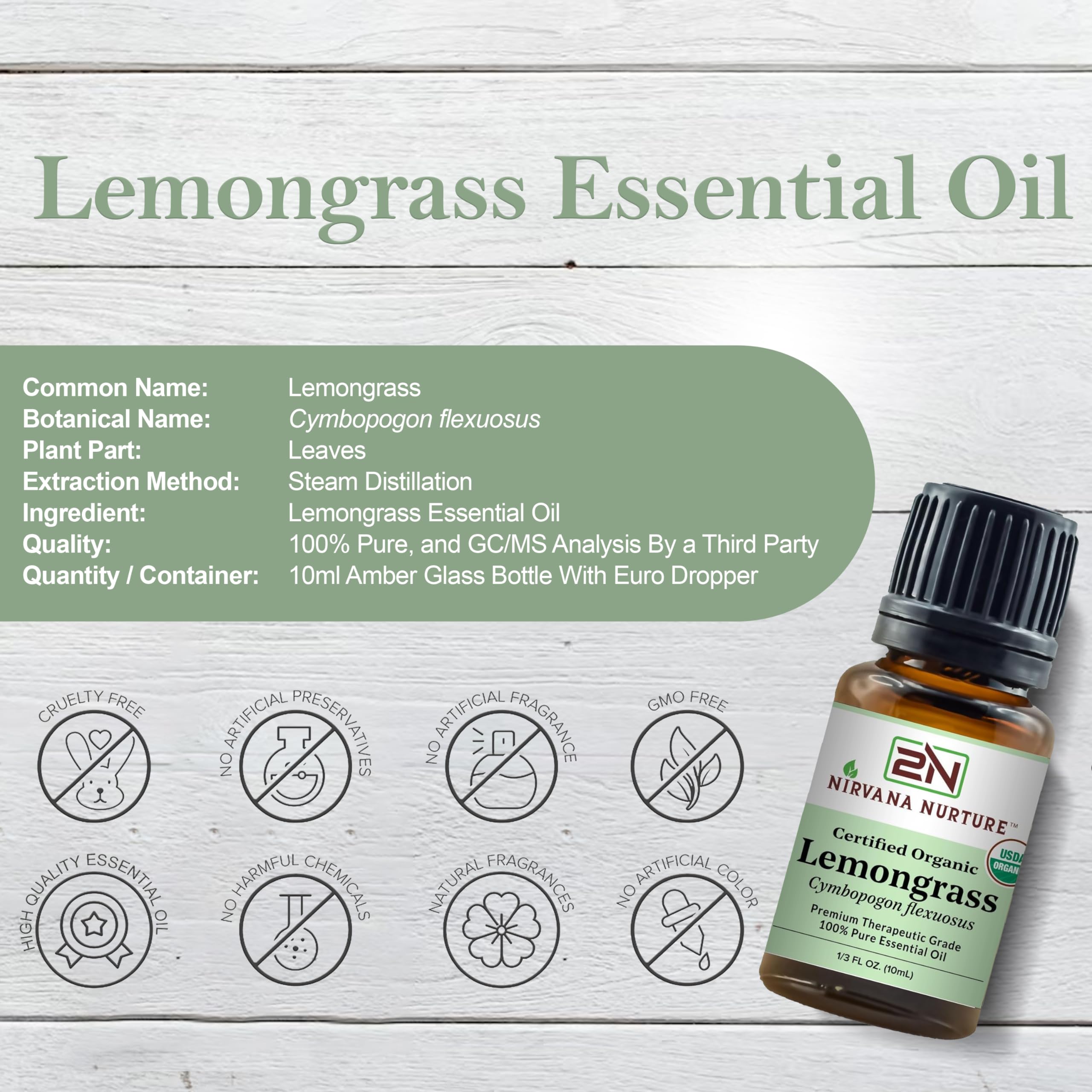 Nirvana Nurture Lemongrass Essential Oil USDA Certified Organic 100% Pure Premium Therapeutic Grade