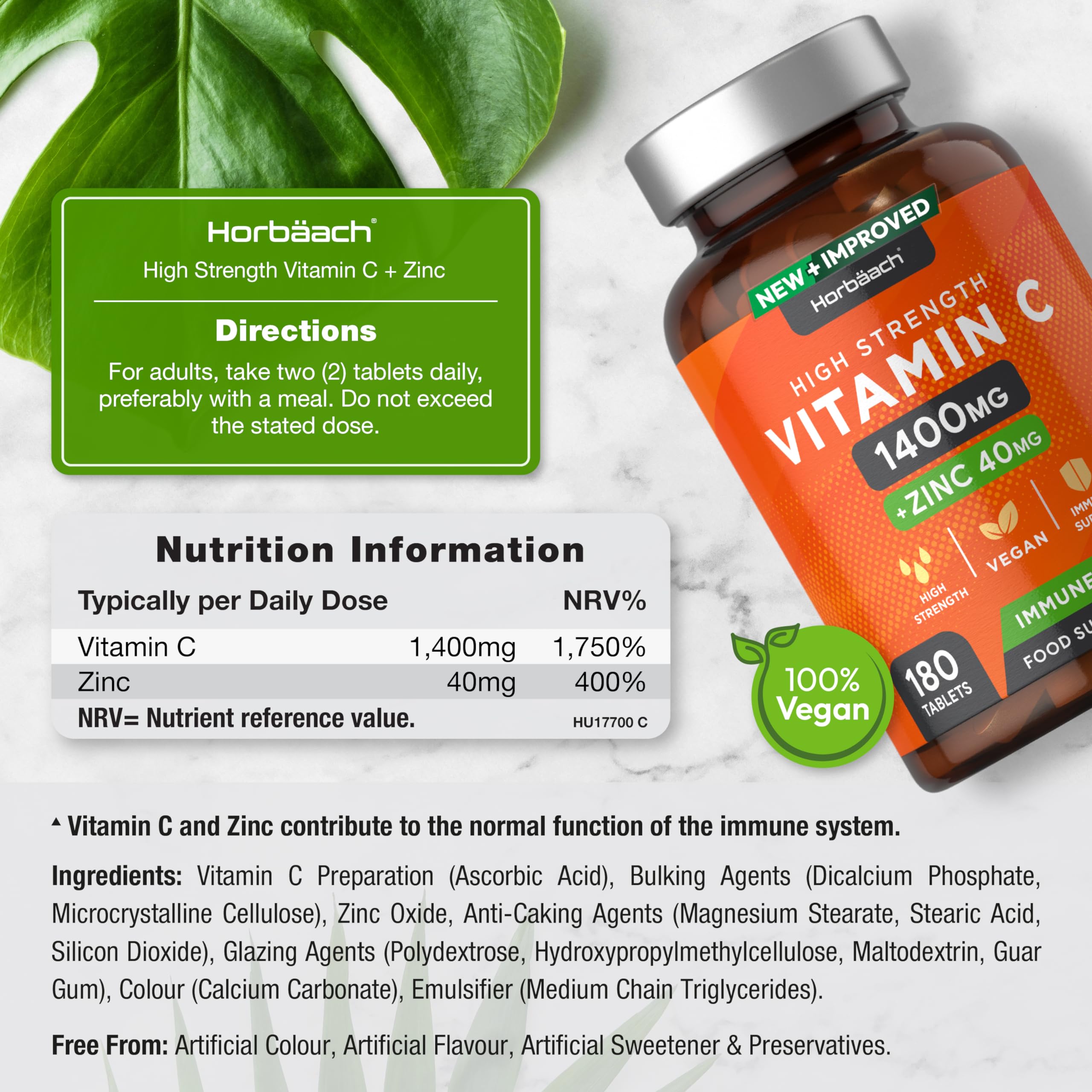 Vitamin C and Zinc | 180 Vegan Tablets | High Strength Vitamin C 1400mg and Zinc 40mg