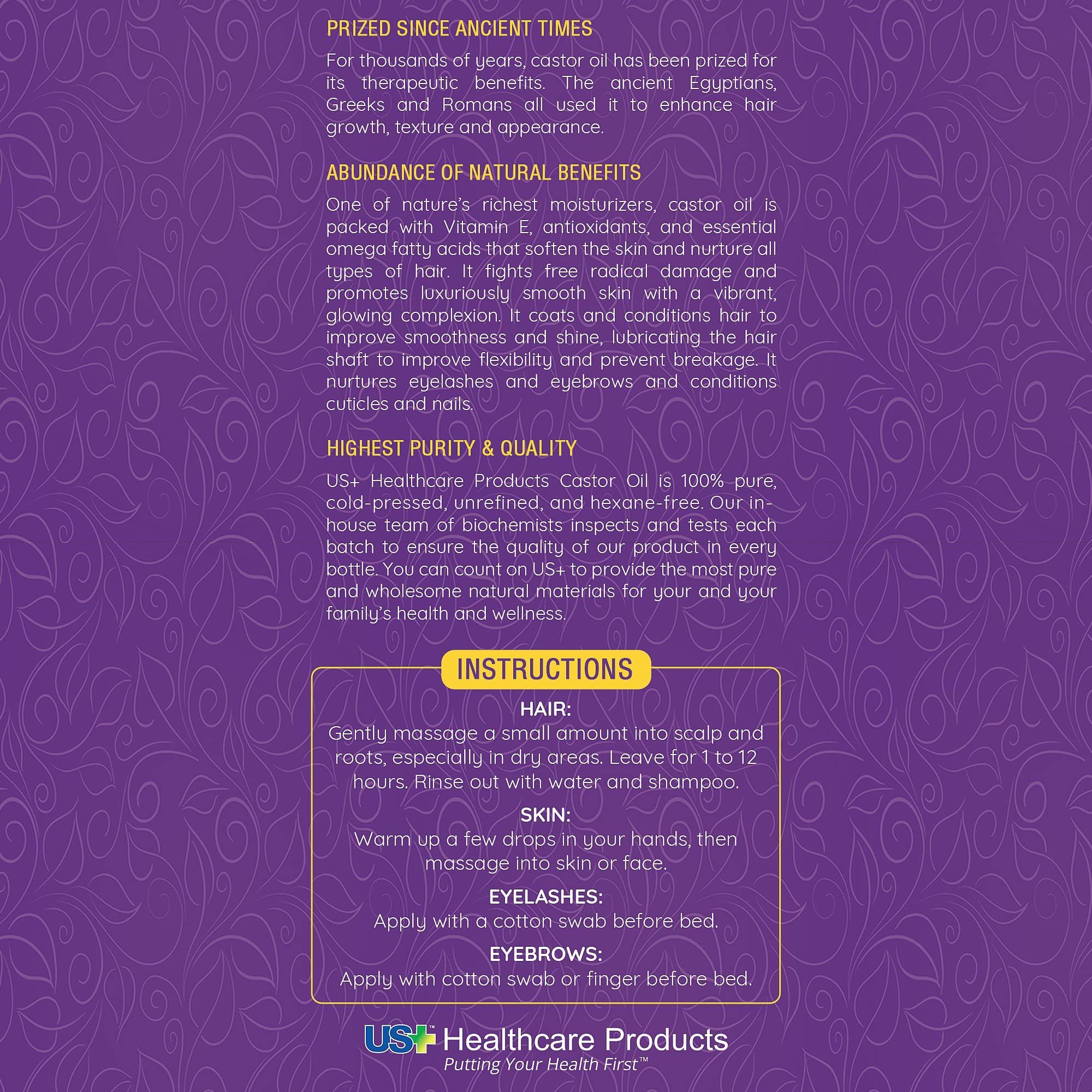 Us+ 20oz 100% Pure Castor Oil - Cold-pressed, Unrefined, Hexane-free - USP Grade - Premium Quality