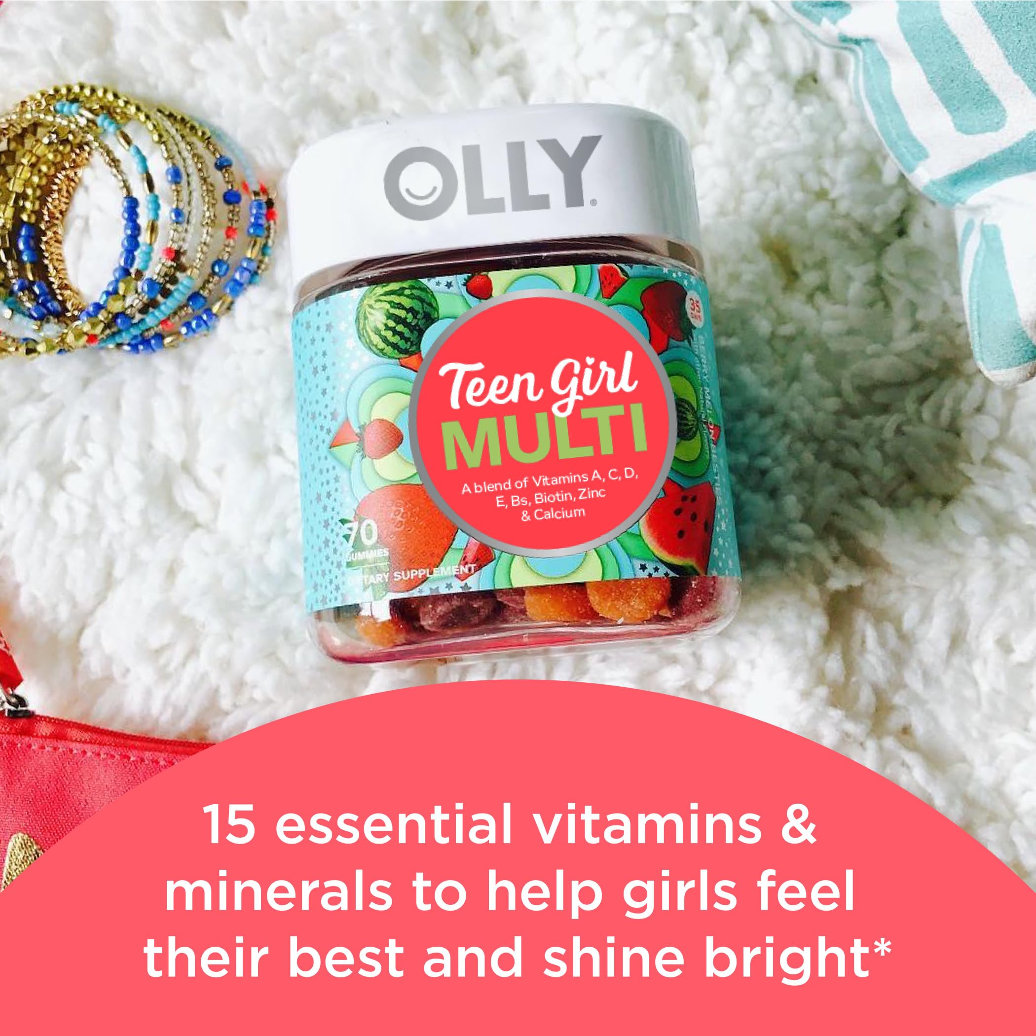 OLLY Teen Girl Multi Gummy, Healthy Skin and Immune Support, 15 Essential Vitamins