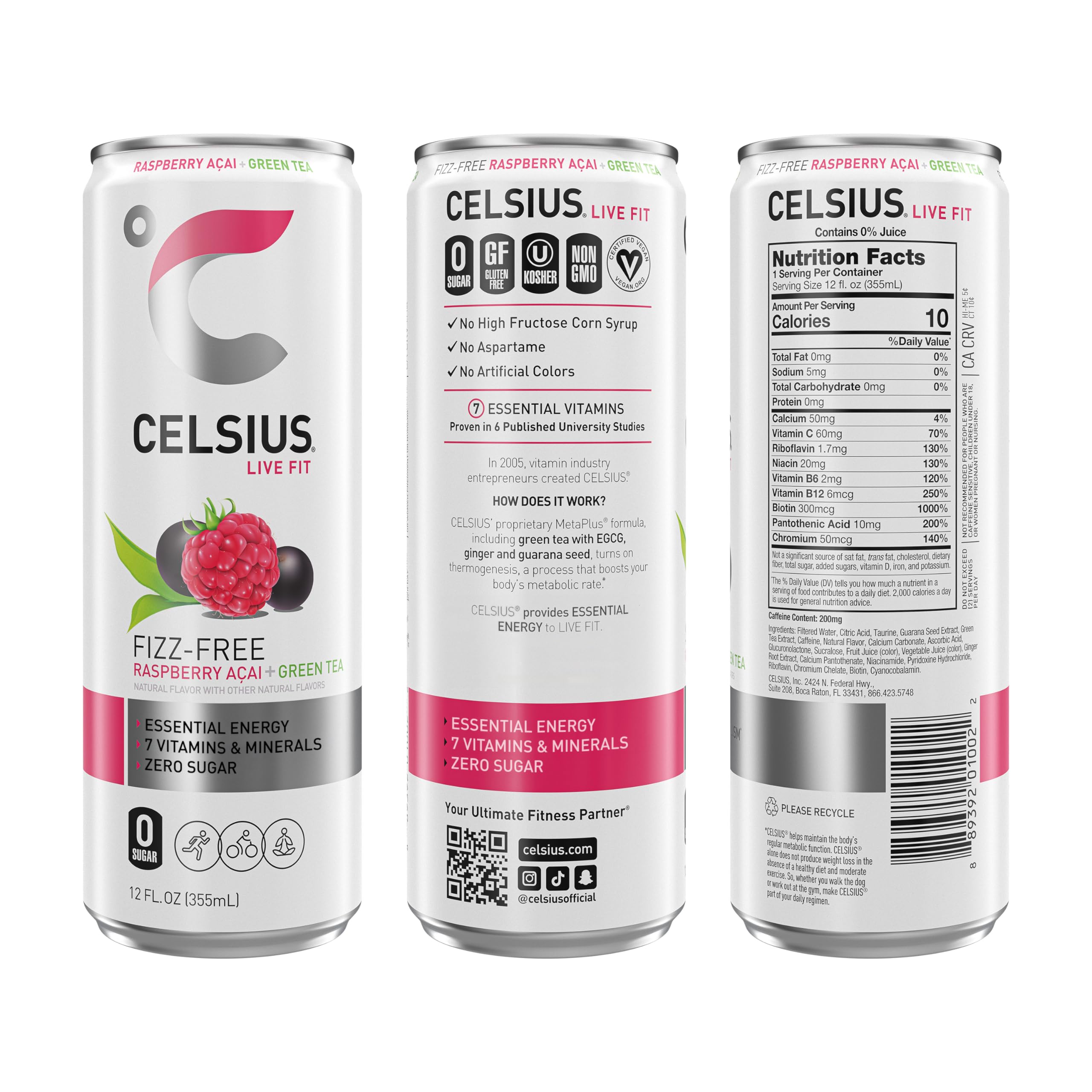 CELSIUS Raspberry Acai Green Tea, Functional Essential Energy Drink 12 Fl Oz (Pack of 12) Packaging may vary