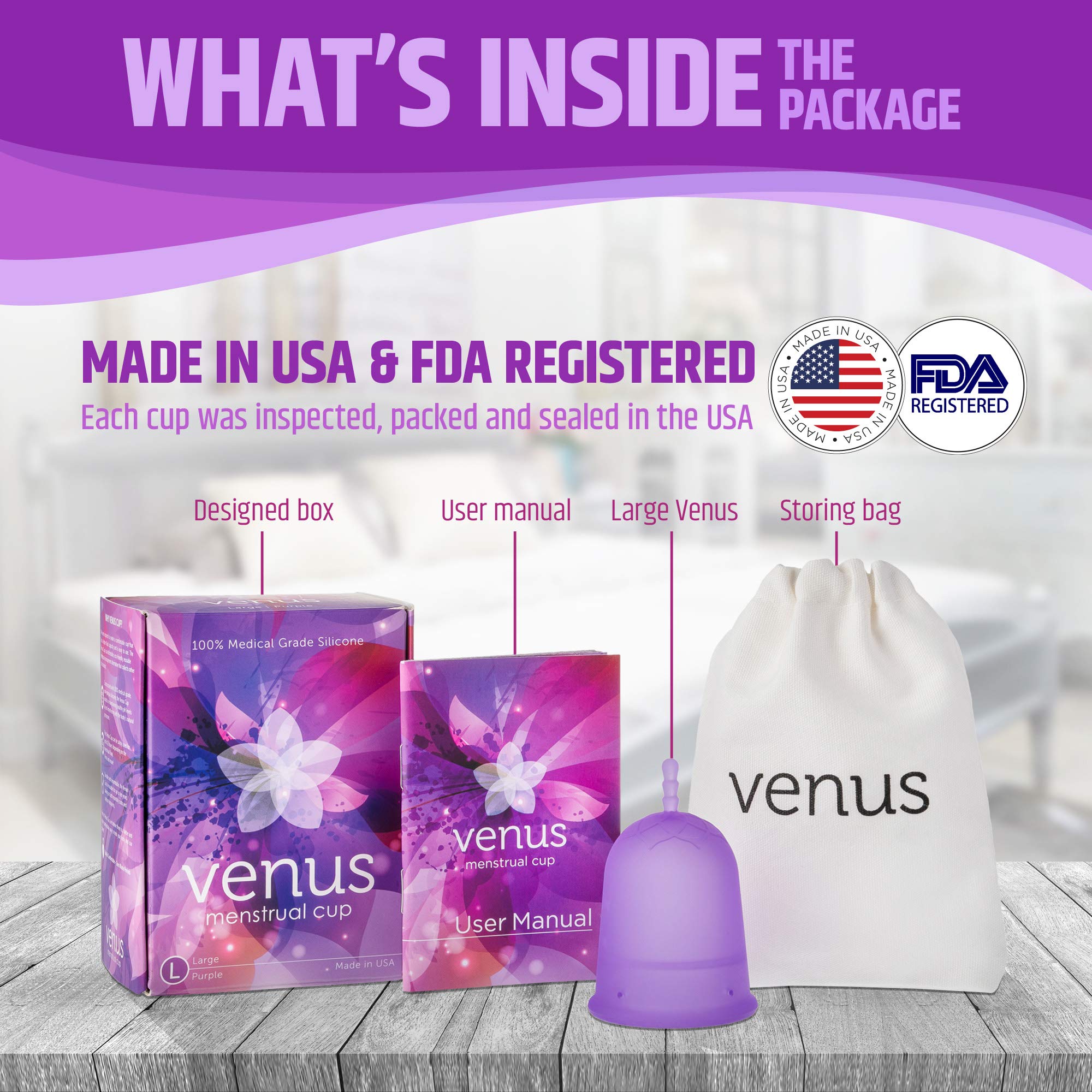 Venus Large Menstrual Cup – High Capacity for Heavy Flow -Made in USA - 100% Medical Grade Silicone