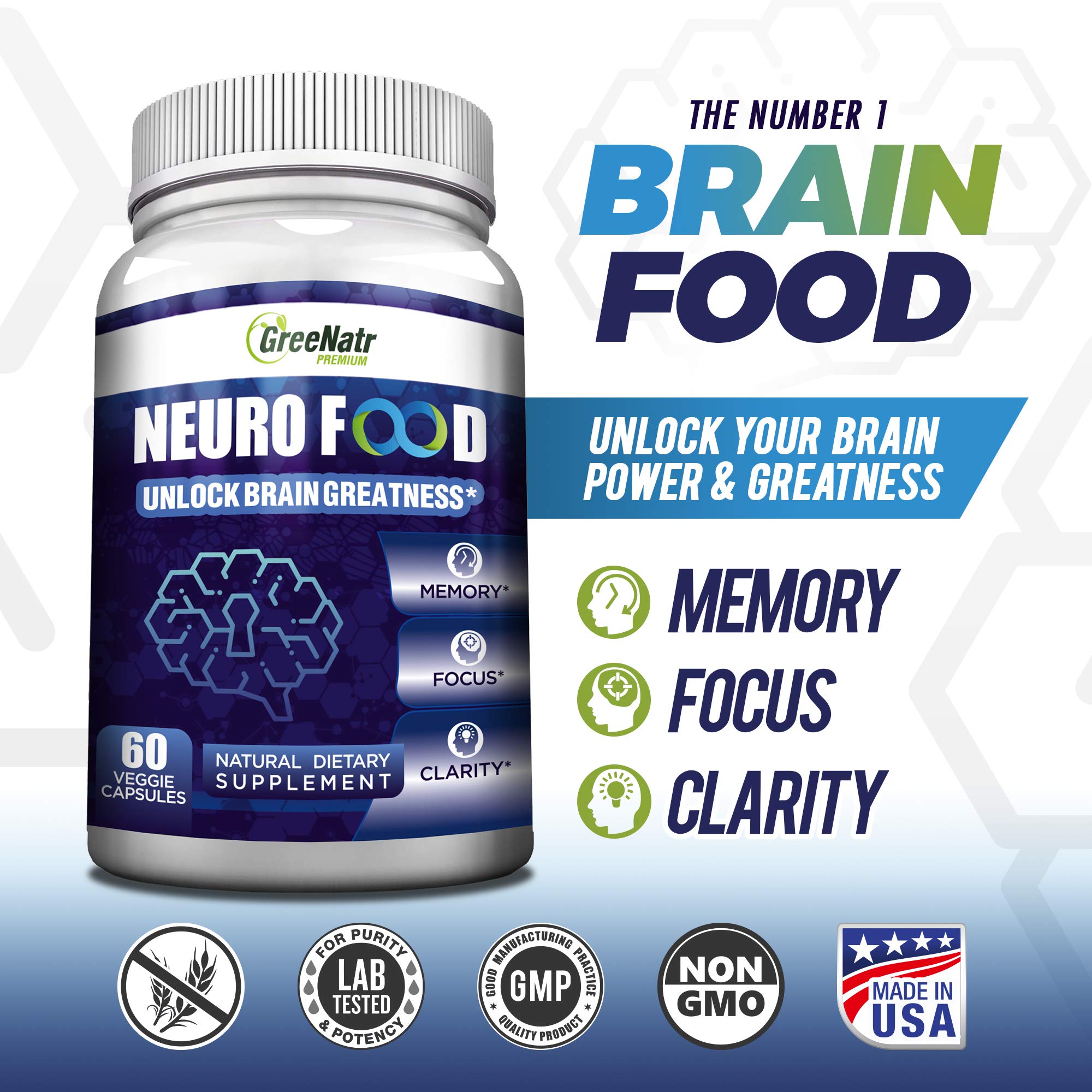 GreeNatr Brain Supplement with B12 Vitamin for Enhanced Memory, Energy, Focus, and Clarity