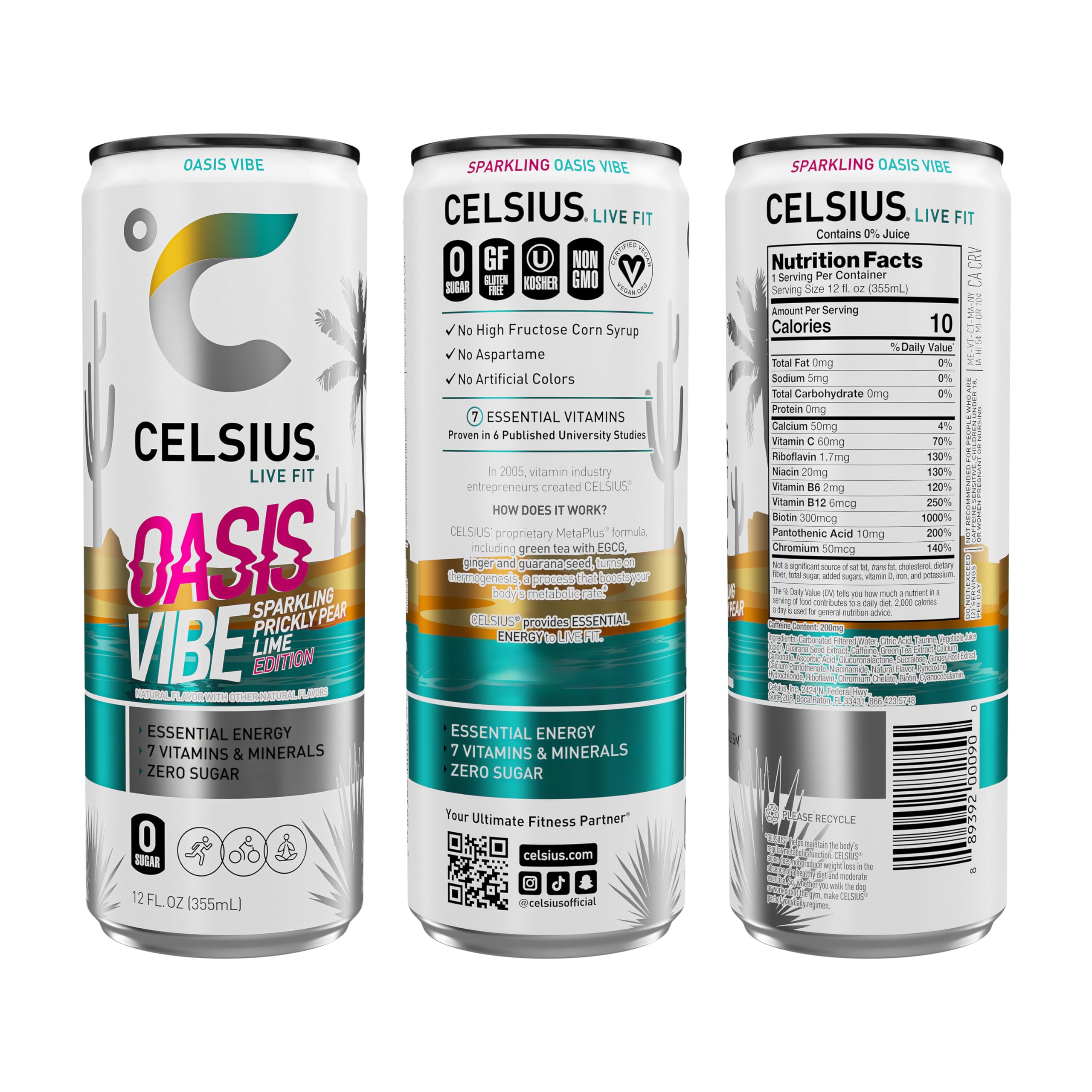 CELSIUS Sparkling Oasis Vibe, Functional Essential Energy Drink, 12 Fl Oz (Pack of 12)