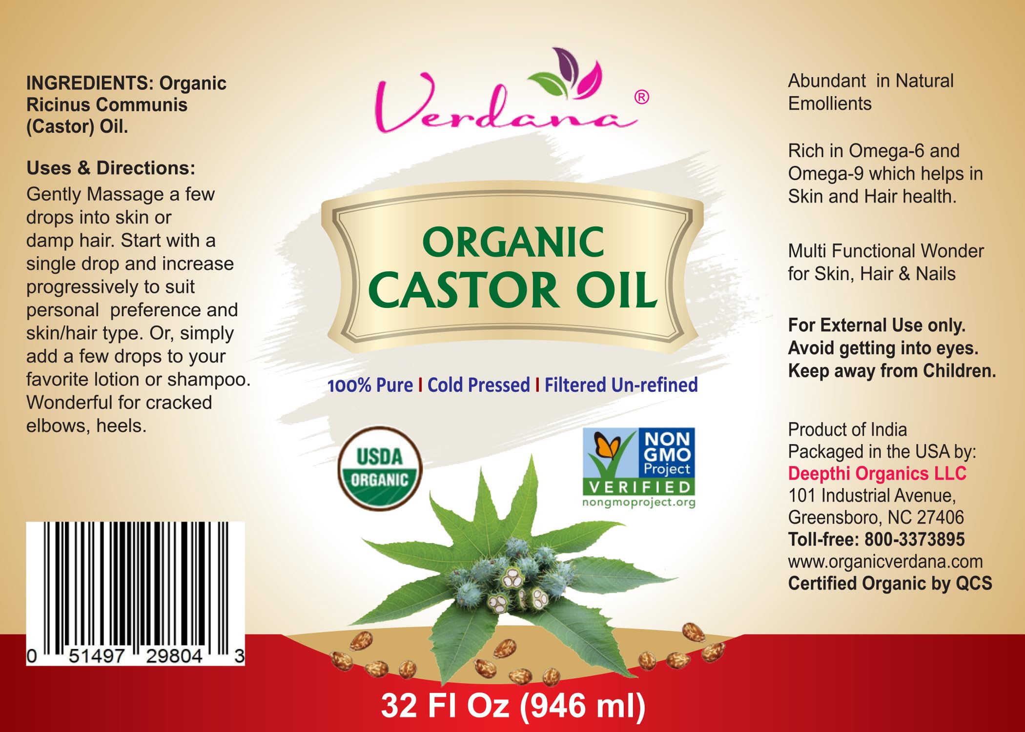 Verdana Organic Castor Oil – USDA Certified Organic – Cold Pressed, Unrefined, 100% Pure and Hexane
