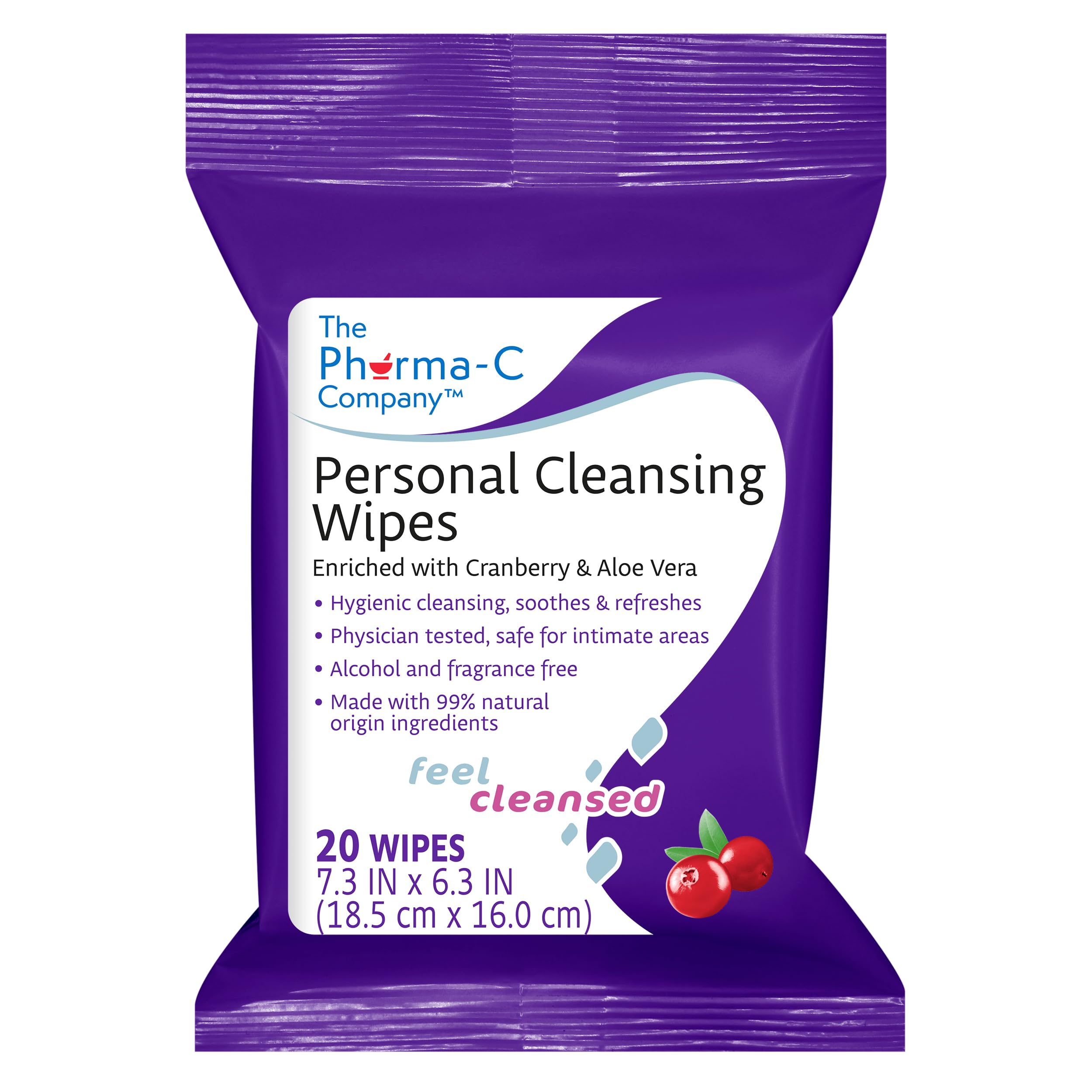 The Pharma-C Company Personal Cleansing Wipes [2 packs of 20 wipes] - Enriched with Cranberry & Aloe Vera
