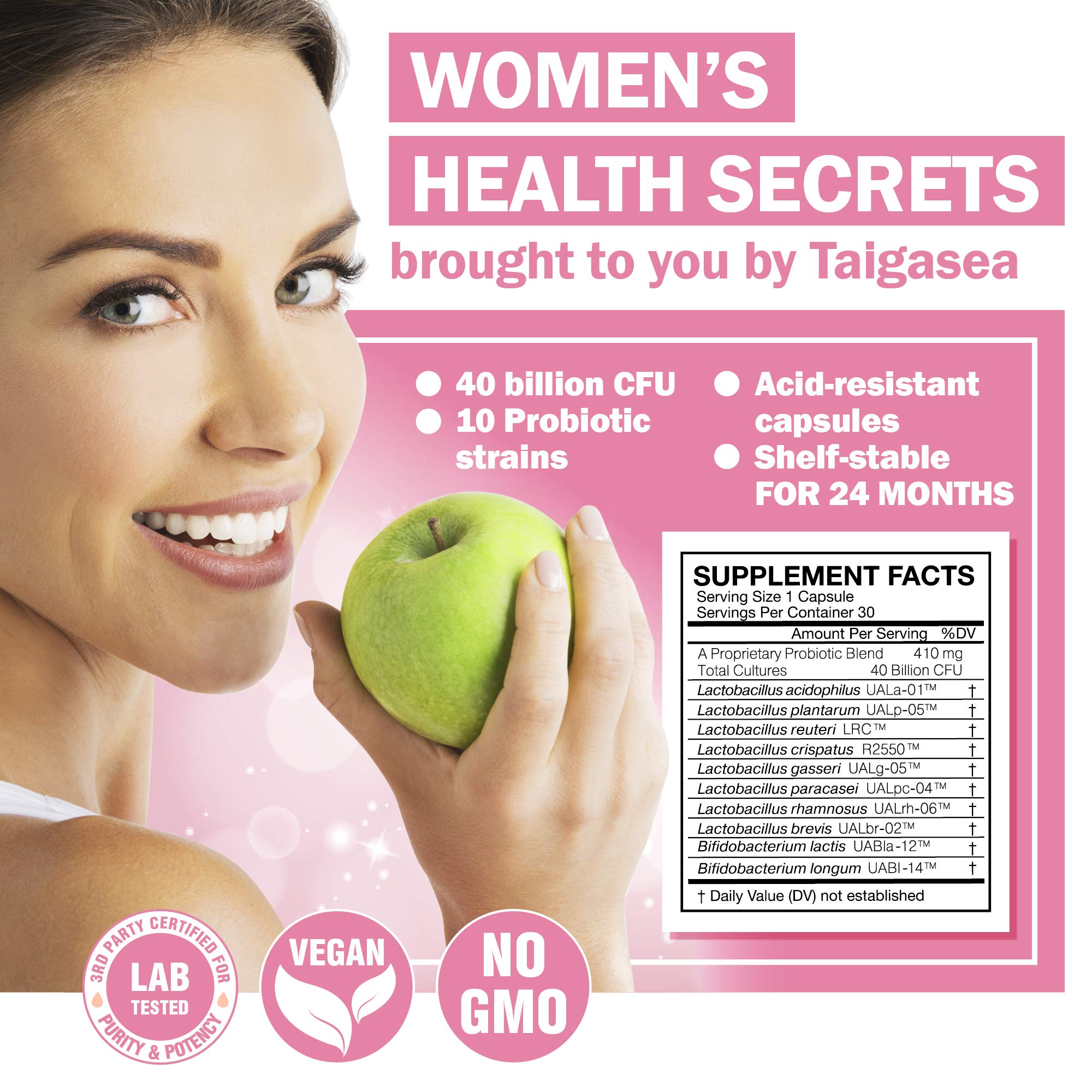 TAIGASEA Probiotics for Women, 40 Billion CFU, 10 Strains for Yeast Control, Vaginal and Urinary Tract Health
