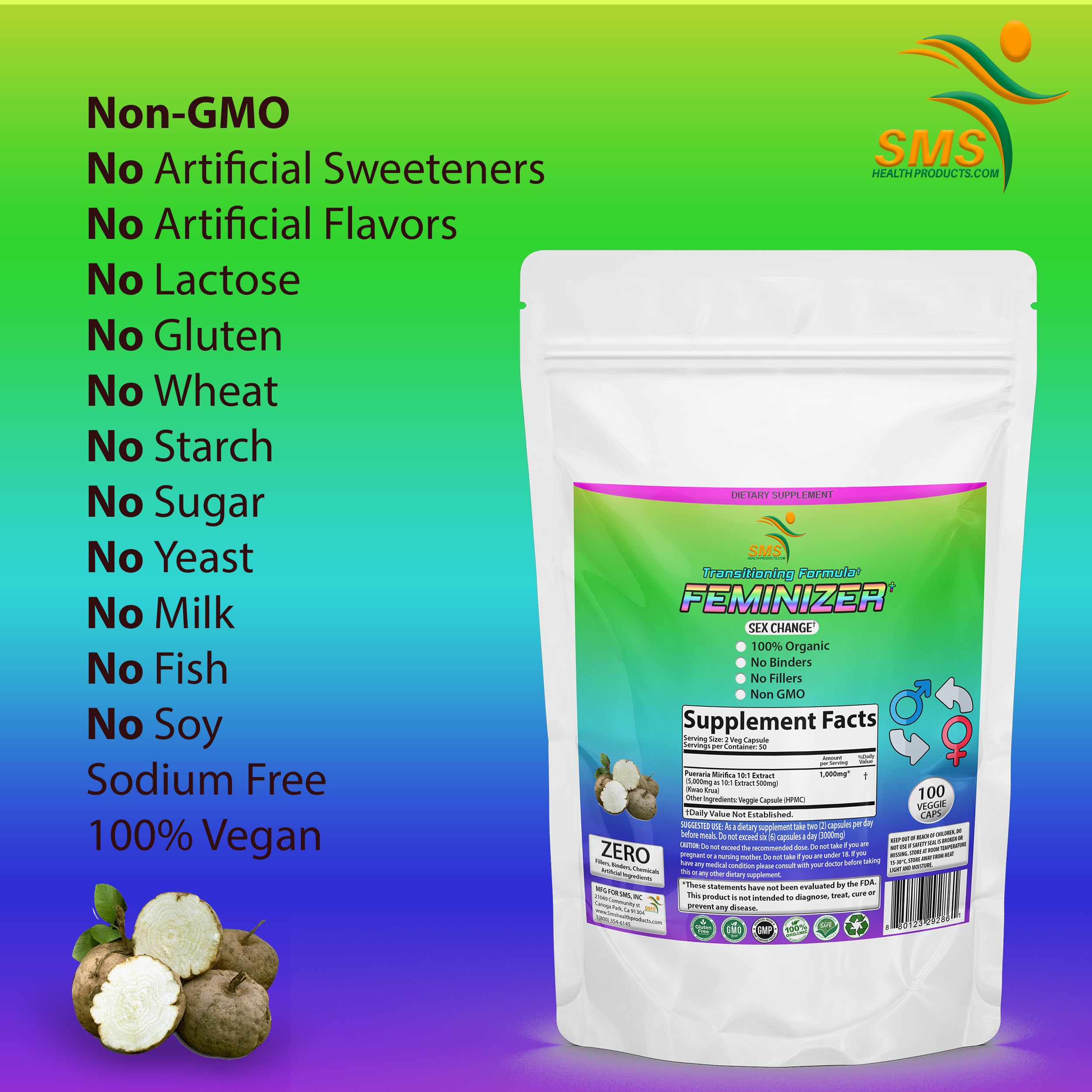 Feminizer Sex Change Pills by SMS, 100 Veggie Caps Pueraria Mirifica 1,000mg Pure