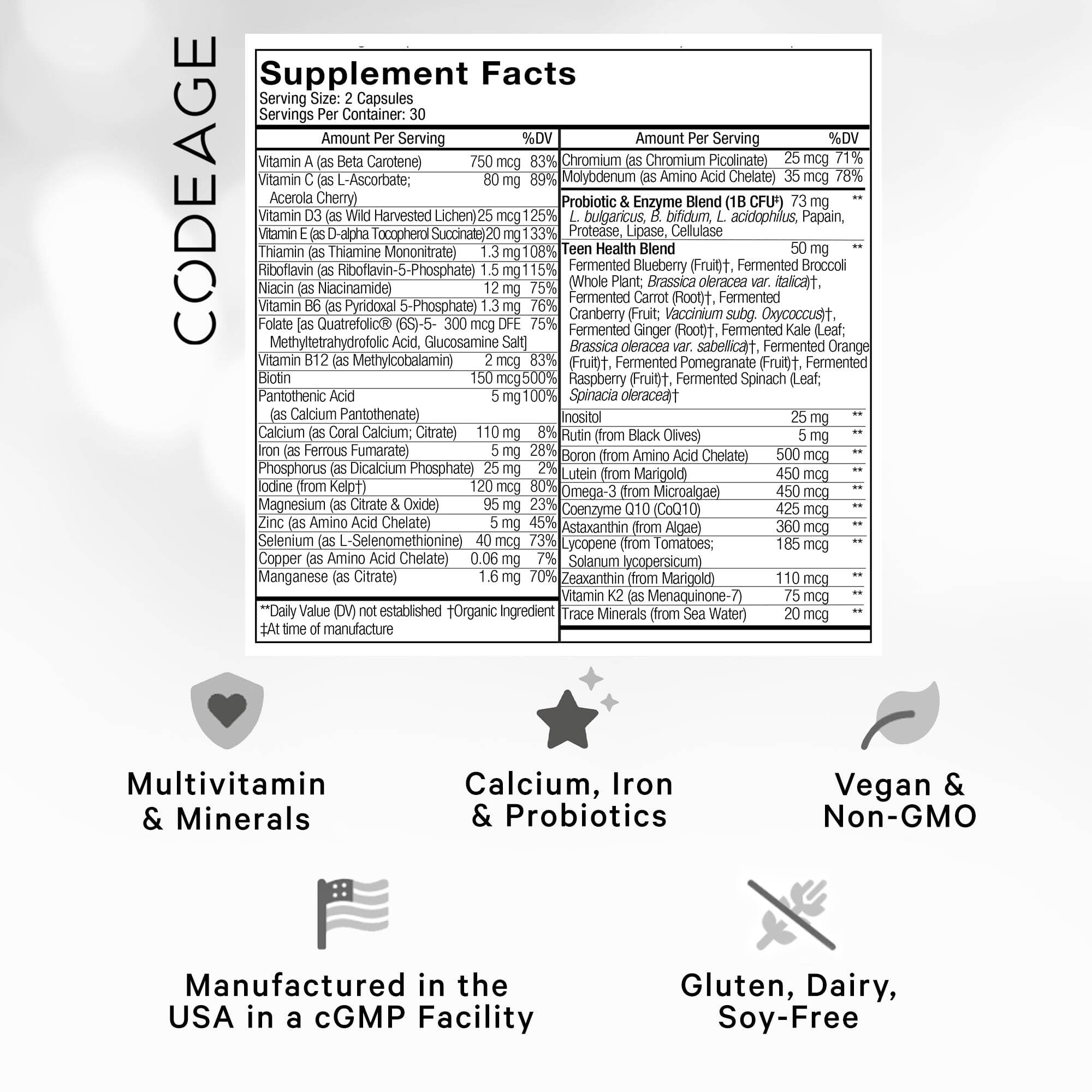 Codeage Teen’s Daily Multivitamin Supplement, 25+ Vitamins & Minerals for Teenage Boys & Girls