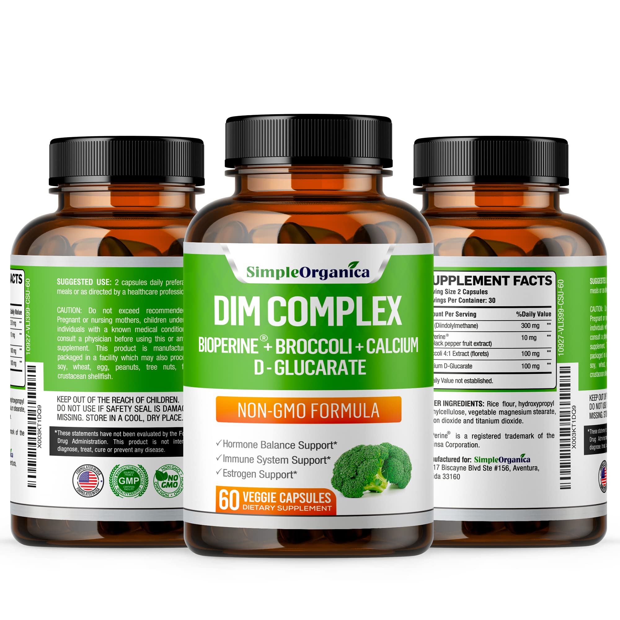 DIM Supplement (Diindolylmethane) 300mg + BioPerine + Calcium D-Glucarate for Women & Men