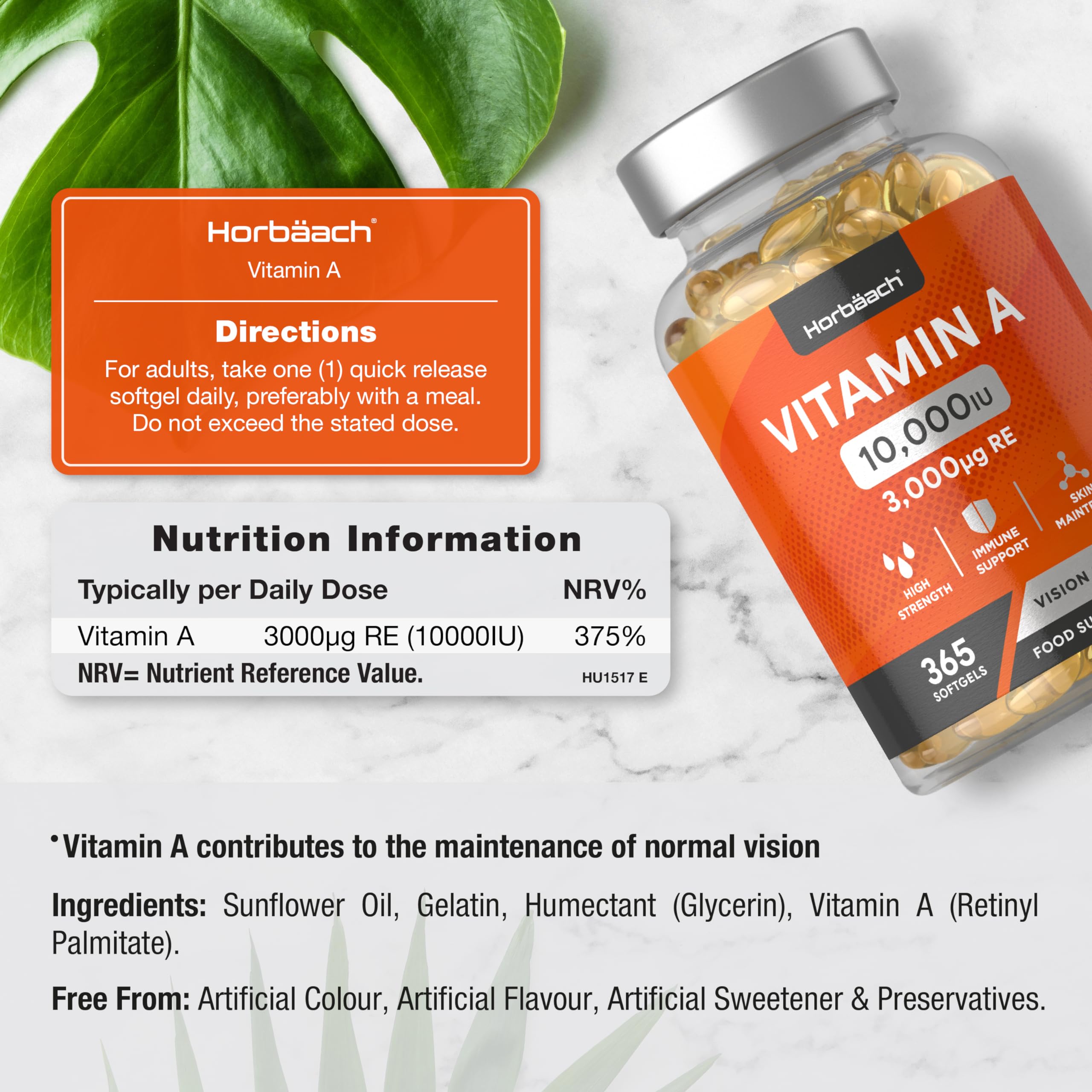 Vitamin A Capsules 10,000iu | 365 Count (1 Year Supply) | High Strength Vitamin A Supplem