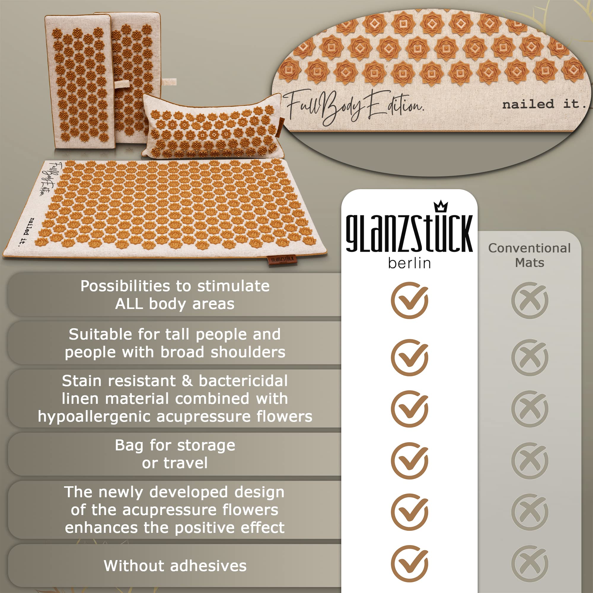 Glanzstück Berlin® Health Collection XXL Acupressure Mat Set for Full Body for Tension Headaches
