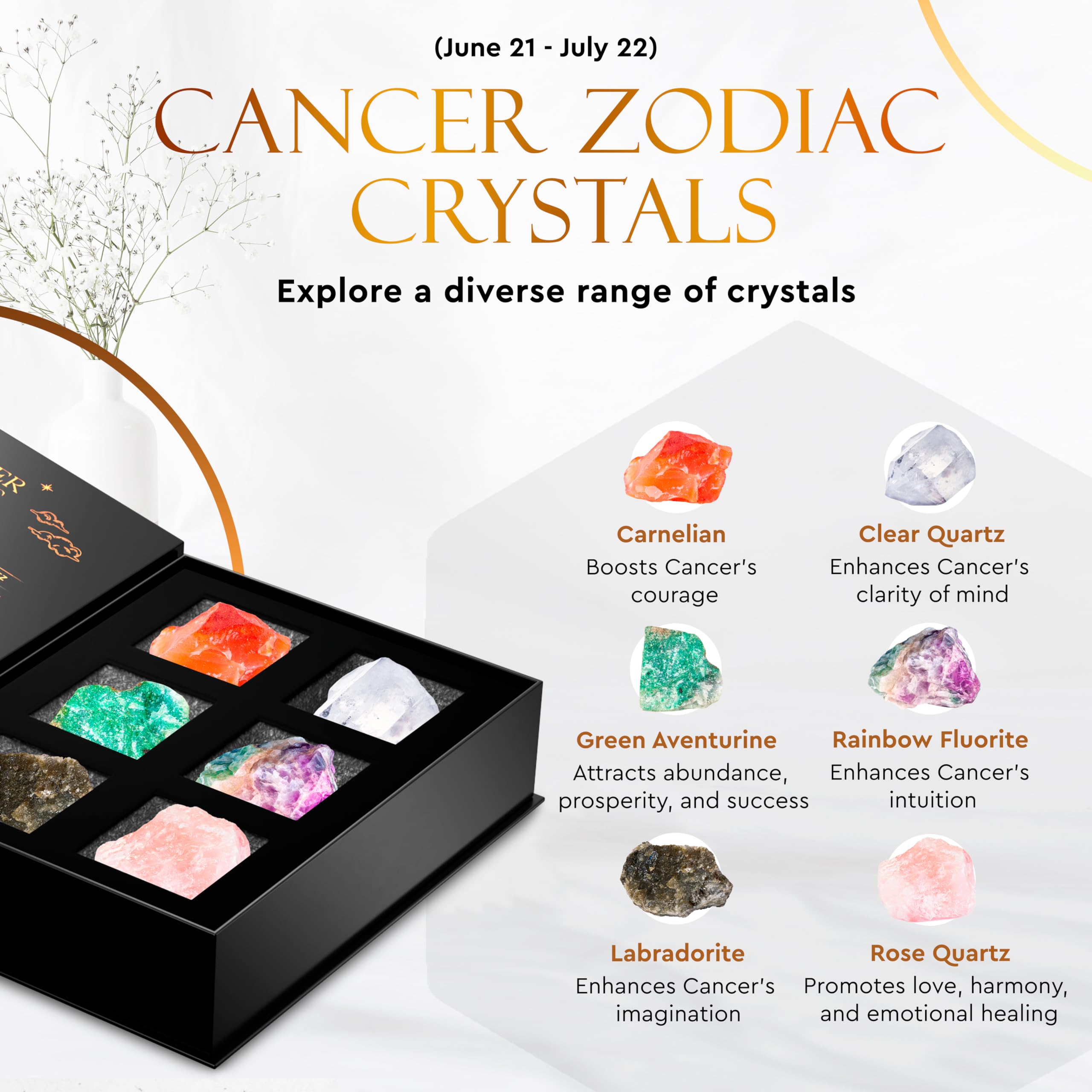 Wyspell Cancer Crystal Set - 6 Raw Cancer Crystals and Healing Stones - Cancer Zodiac Gifts for Women